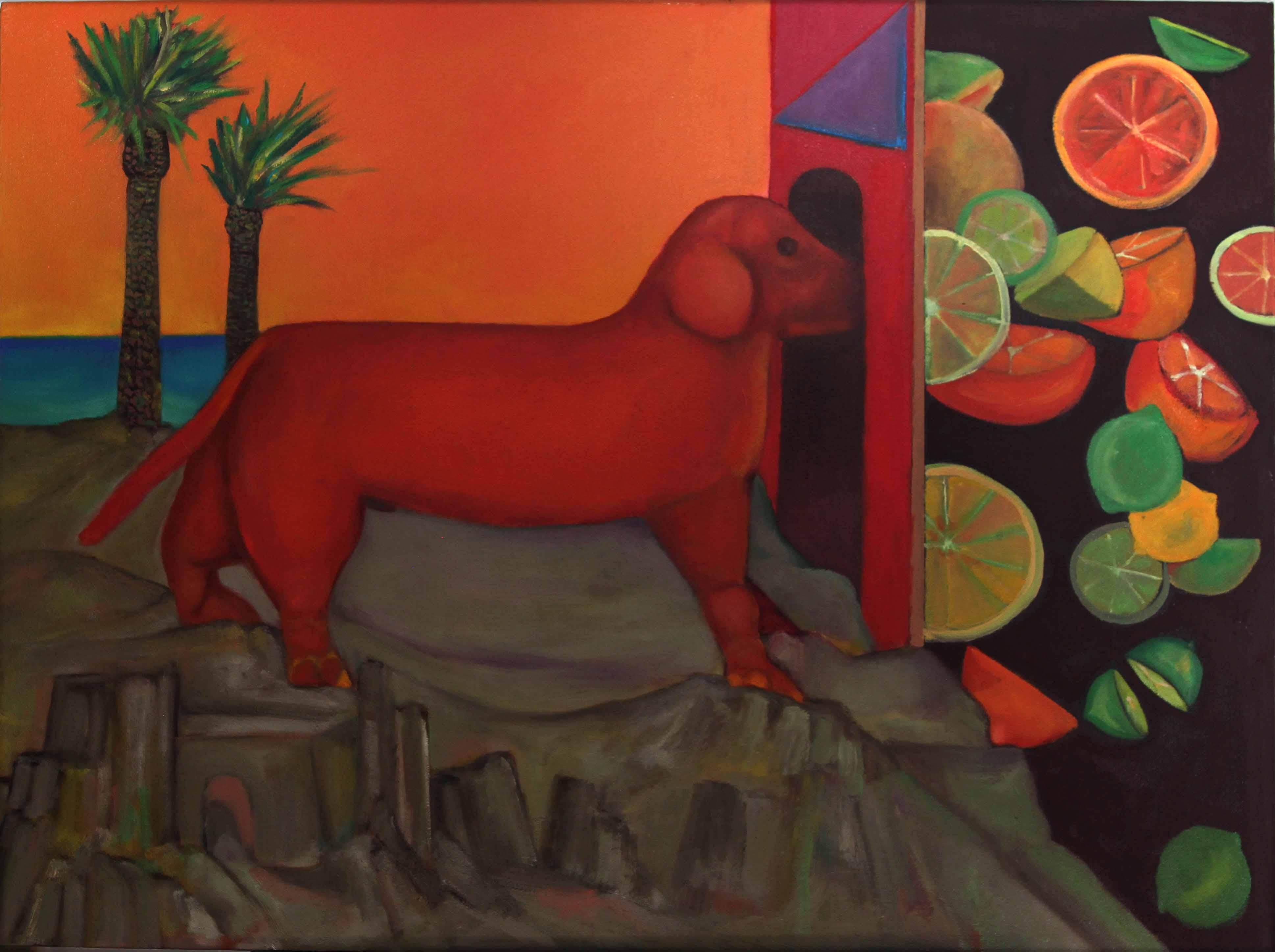 Stephen Basso Animal Painting - Playa Citra (citrus Beach) colorful citrus fruits red beagle dog beach