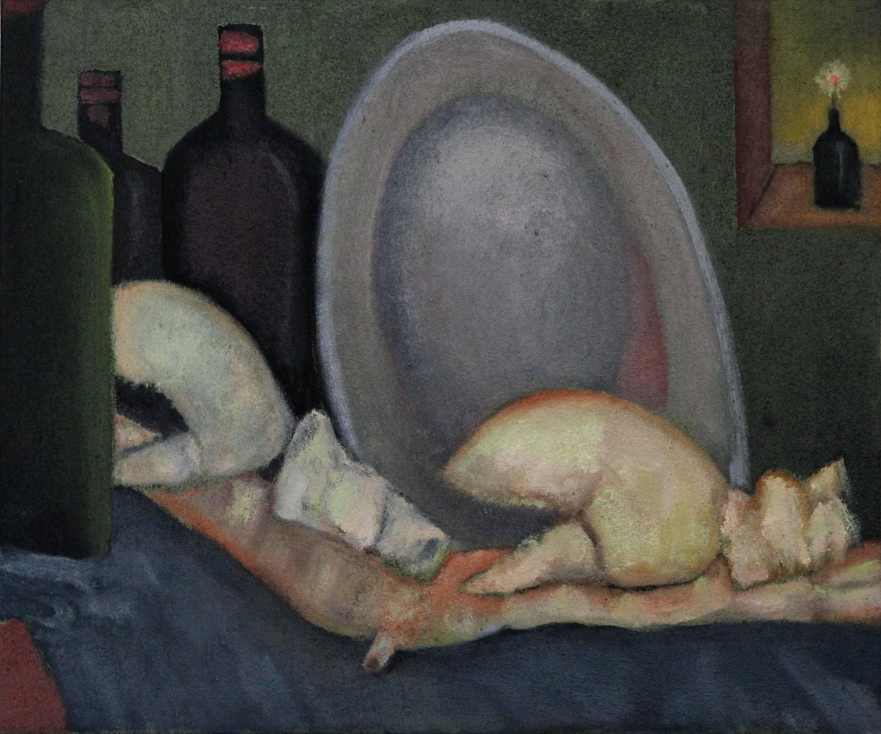 Portland Crawl  still life lobster wine bottles dark new england color surreal - Painting by Stephen Basso