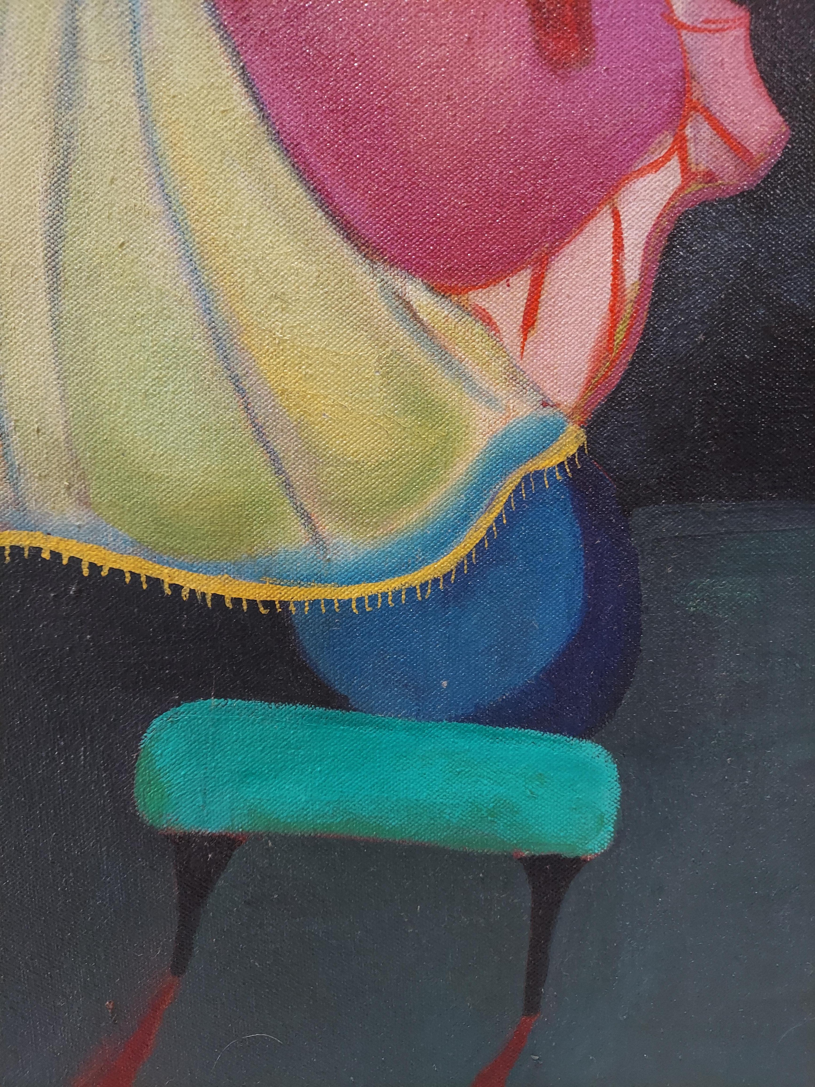 Precarious, Nude dark colors female nude figure on top of tilting pillows - Painting by Stephen Basso