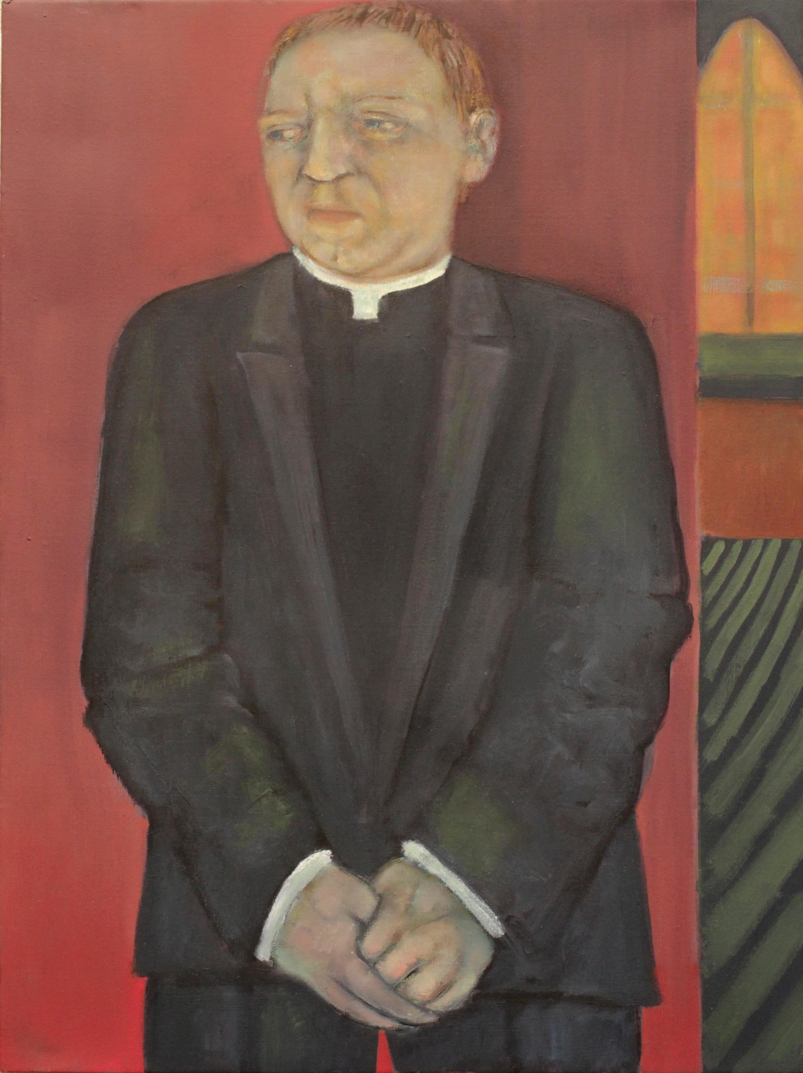 Figurative Painting de Stephen Basso - Sacerdote oscuro color apagado sombrío figura religiosa tema condición humana