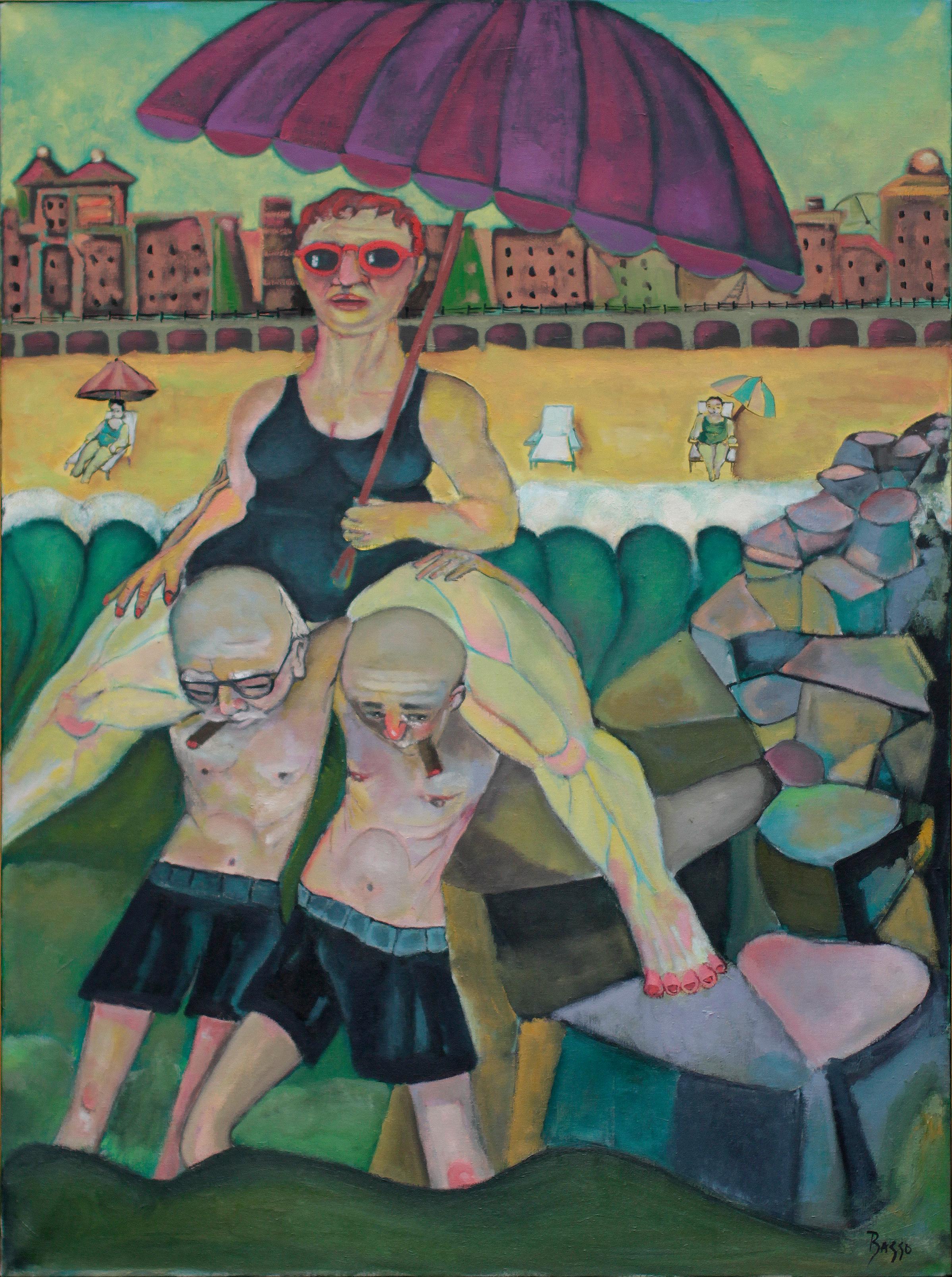 Stephen Basso Figurative Painting - "Procession"  coney island theme beach scene humorous lush green colors