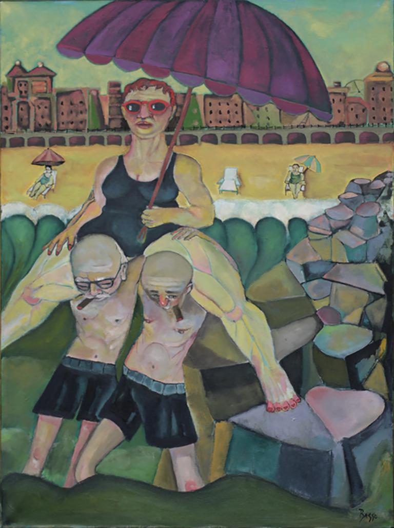 Stephen Basso Figurative Painting - procession, seashore, beach, colorful, humor, female figure, bather green tones