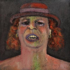 purple hat, social observation, portrait of woman with red hat, 