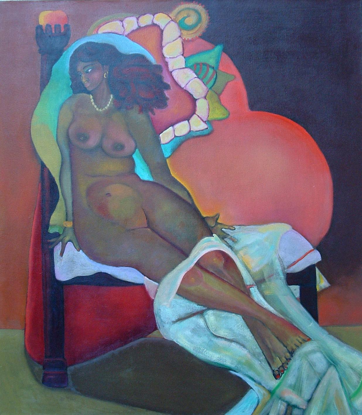 Nude Painting Stephen Basso - Reine de cœur  Femme nue grand cœur rouge grande valentine amour érotique