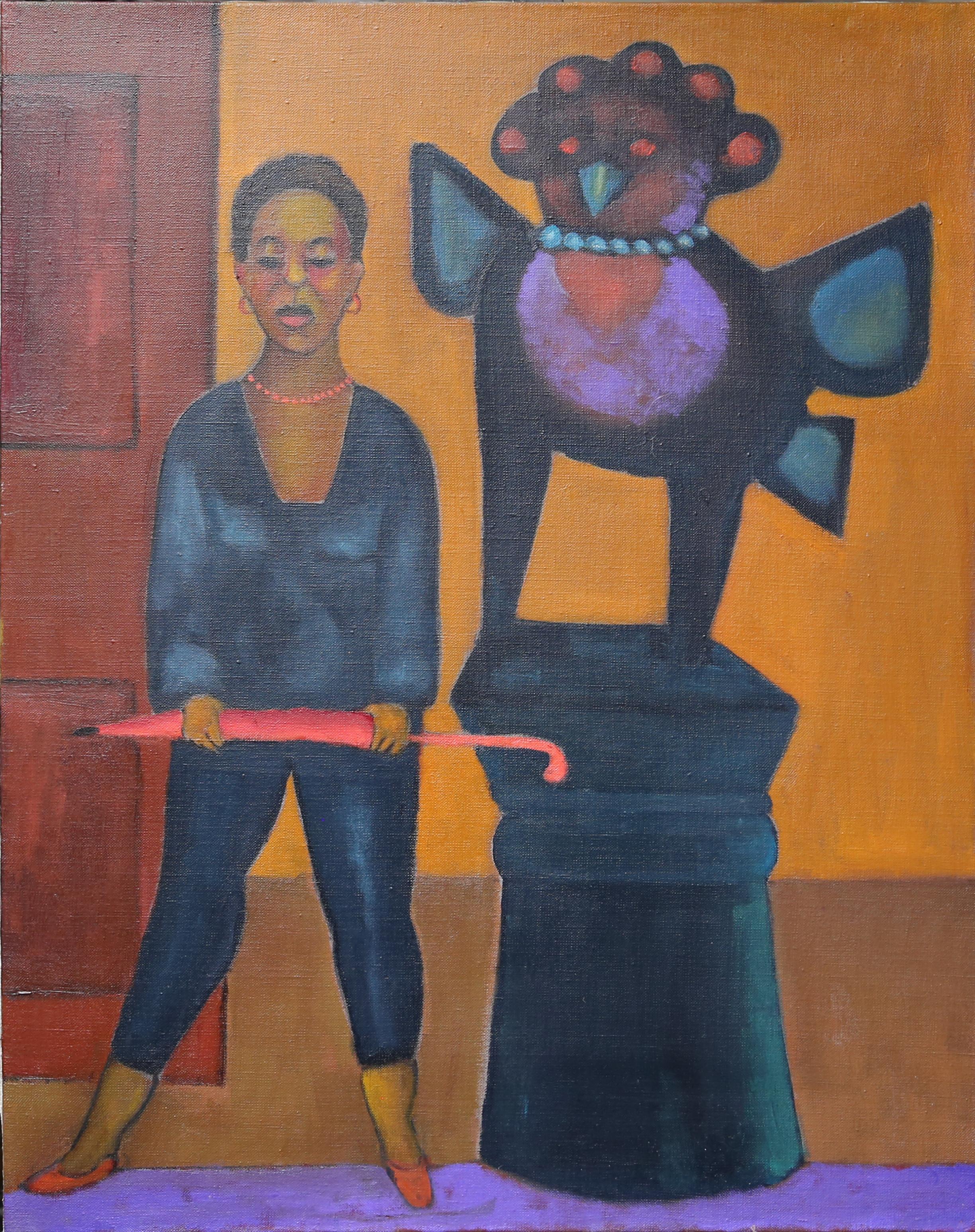 Interior Painting de Stephen Basso - Adquisición  figura femenina con escultura de ave tonos tierra cálidos destello de rojo