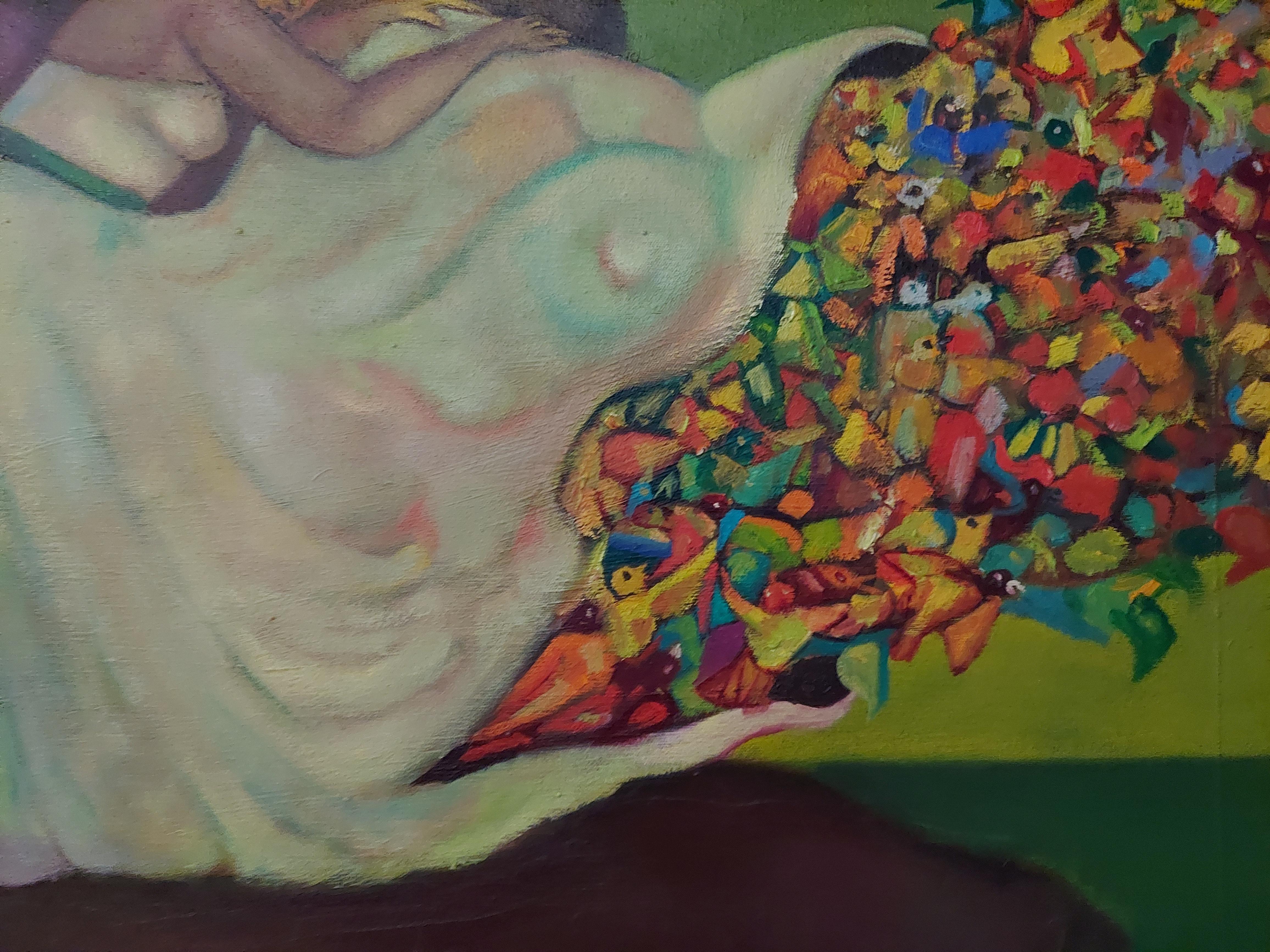 Release, female figure on cliff colorful birds in flight  dreamlike imagery - Painting by Stephen Basso