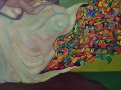 Rilascio, figura femminile su scogliera uccelli colorati in volo  immagini oniriche