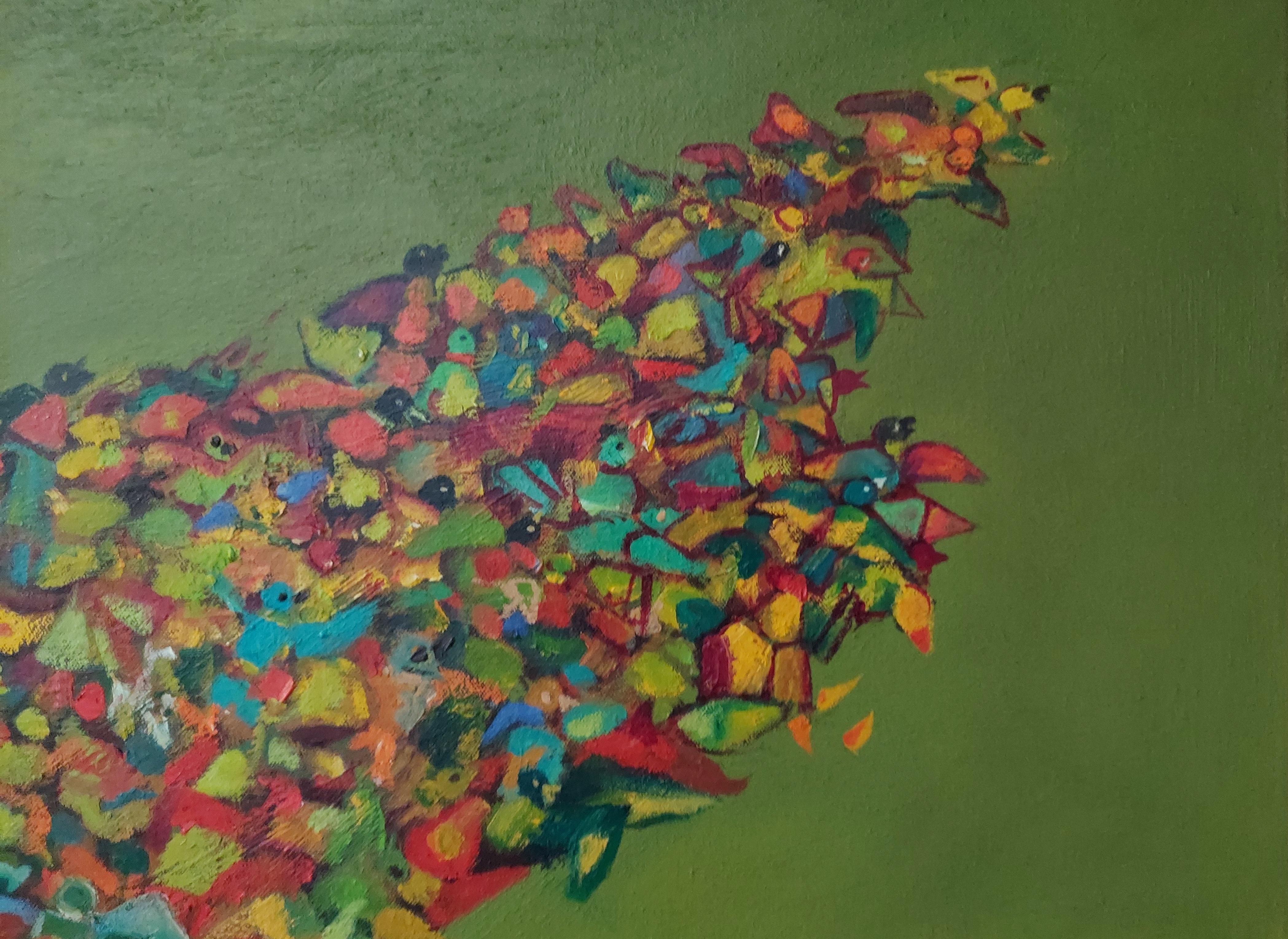 Release, female figure on cliff colorful birds in flight  dreamlike imagery - Surrealist Painting by Stephen Basso