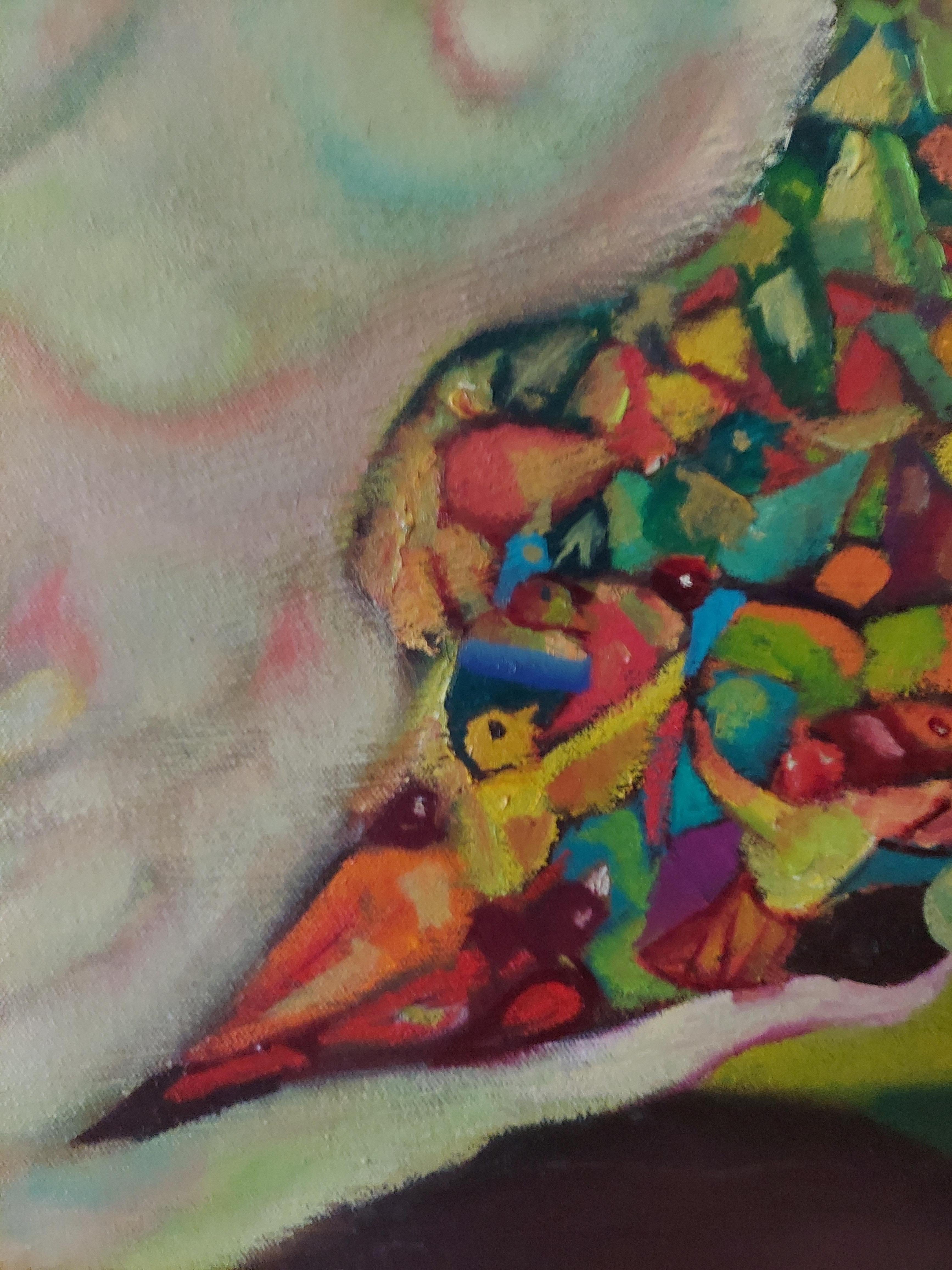 Rilascio  figura femminile su scogliera paesaggio marino verde tenue & seleziona un colore brillante - Figurative Painting Marrone di Stephen Basso