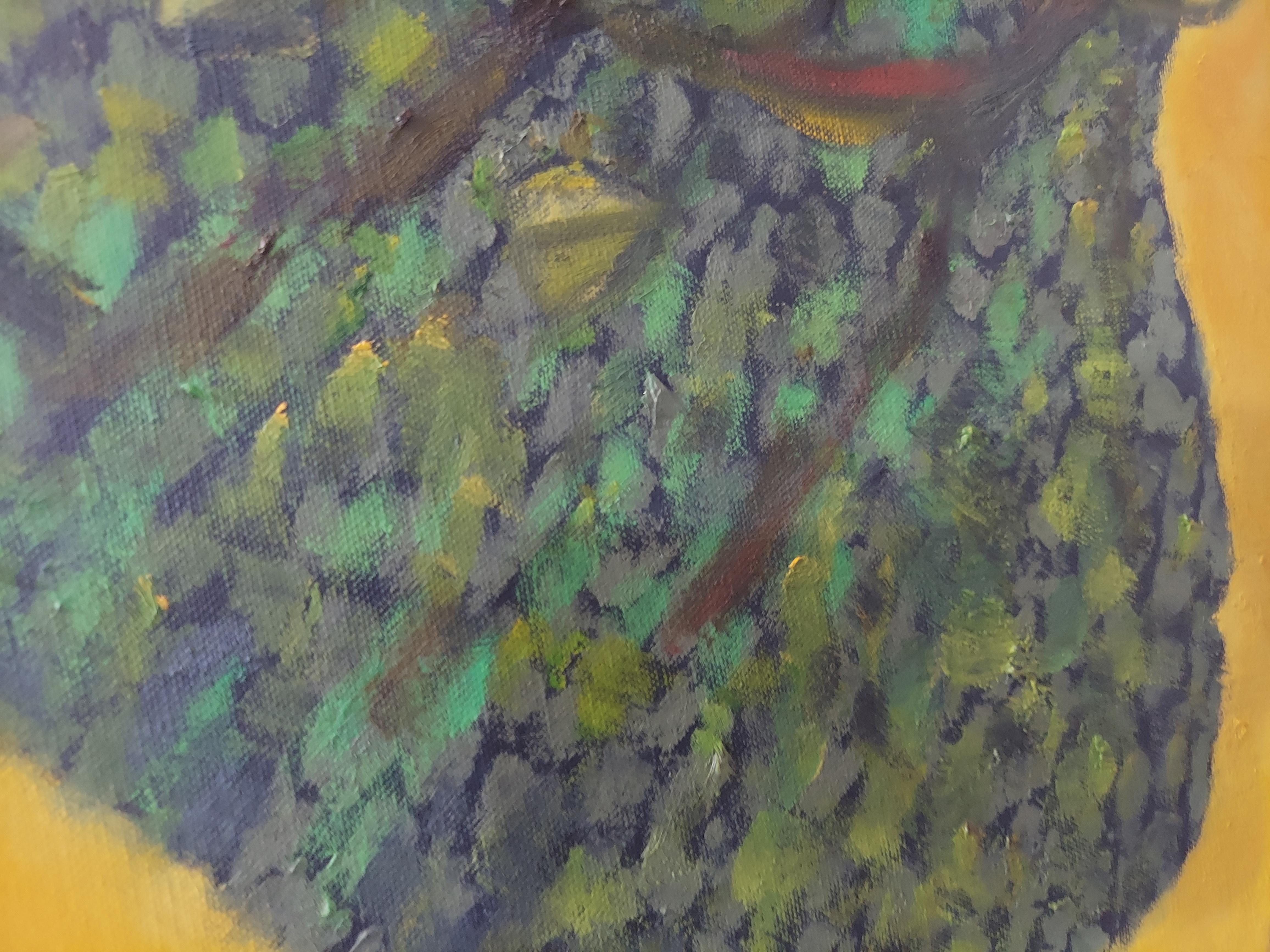 Resistance, strong female figure with trees warm green and yellow colors  - Feminist Painting by Stephen Basso