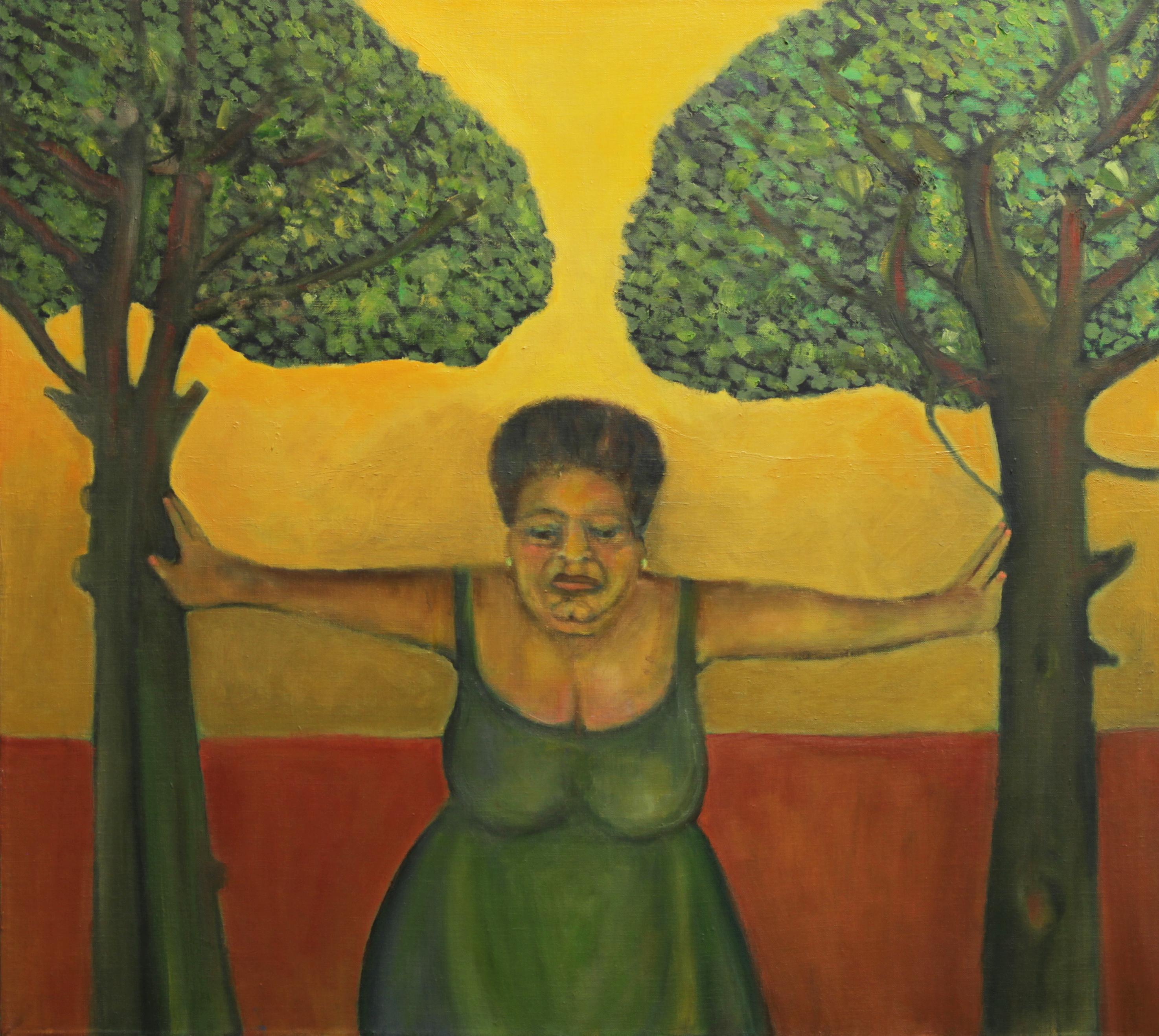 Stephen Basso Figurative Painting - Resistance, strong female figure with trees warm green and yellow colors 