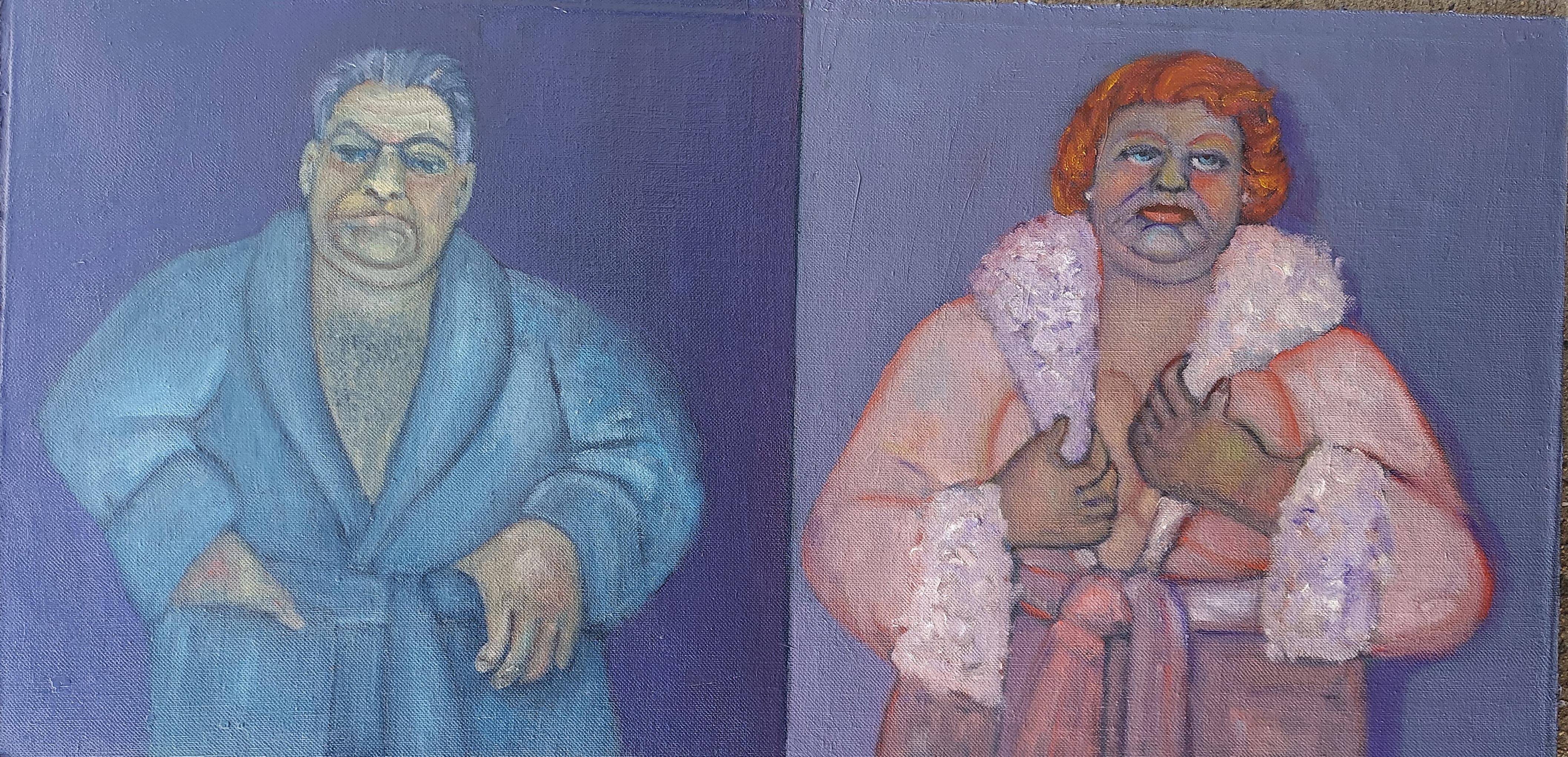 Figurative Painting di Stephen Basso - Robed Couple.  Male and female bathrobe figures faux diptych violet & red color