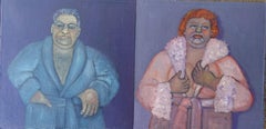 Robed Couple.  Male and female bathrobe figures faux diptych violet & red color