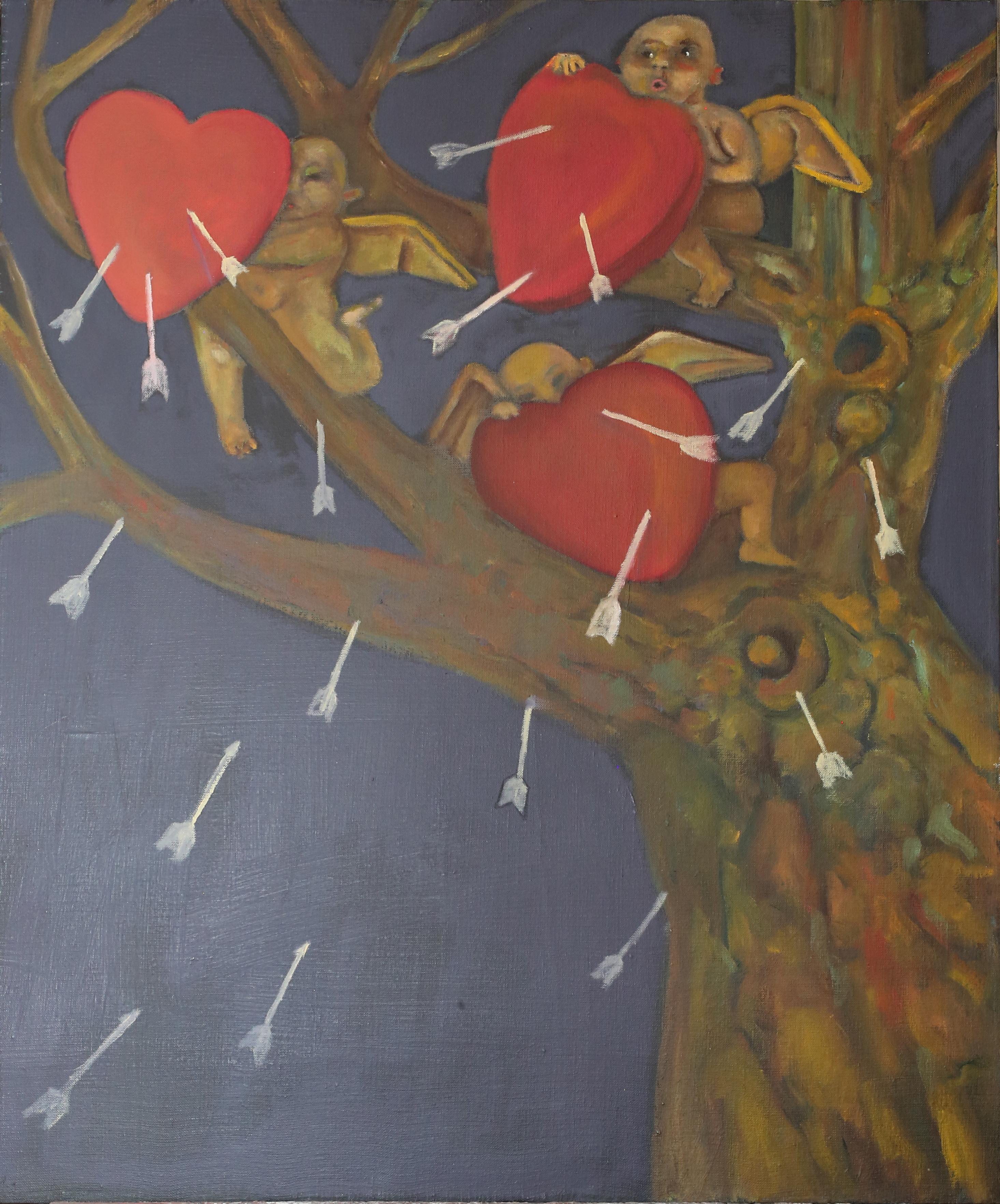 Stephen Basso Figurative Painting - Slings and Arrows, cupids hearts night forest love valentine battle theme