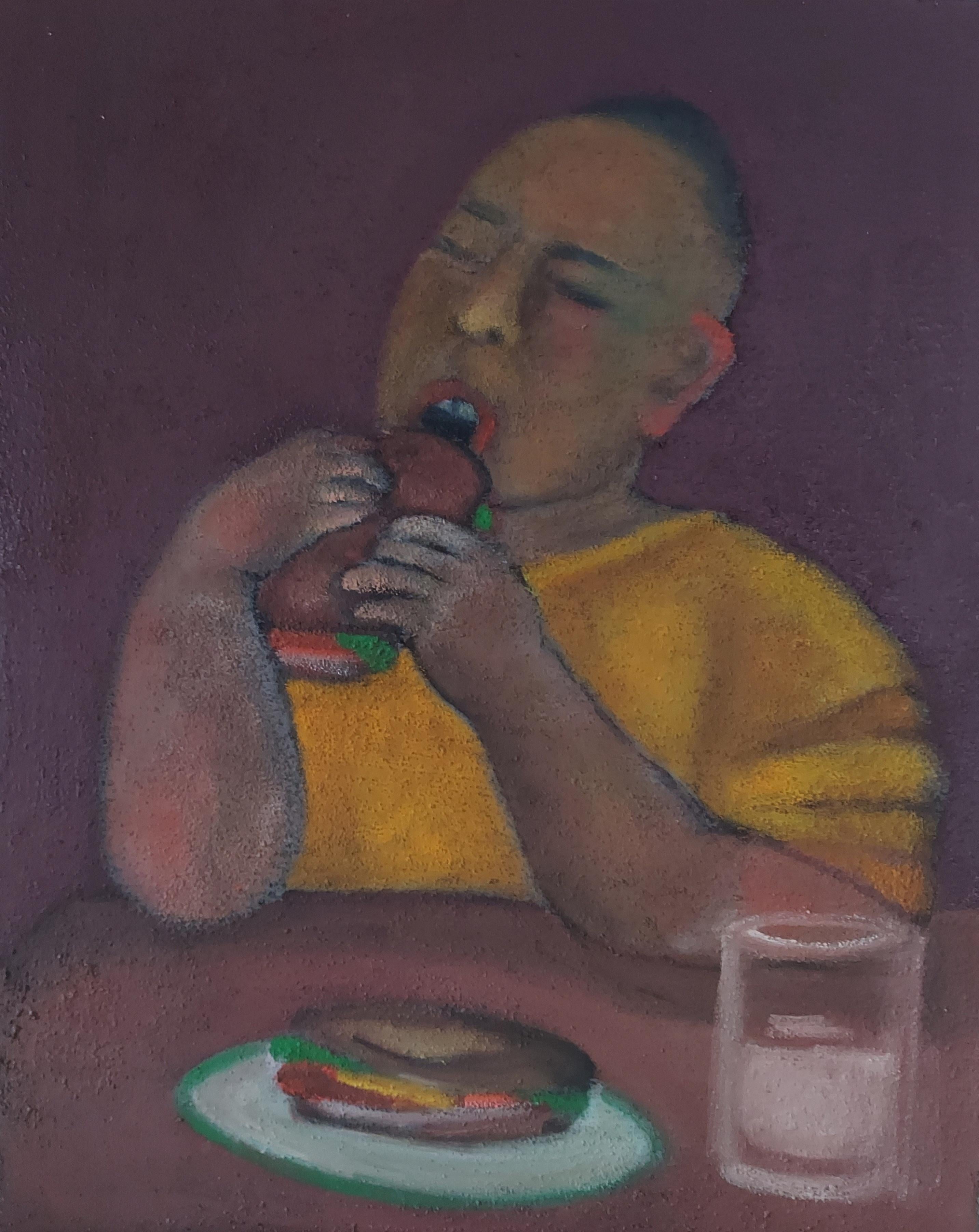 Stephen Basso Figurative Painting – Sandwich Junge Nahrungsbezogenes Thema Dunkle gedeckte Farbe 