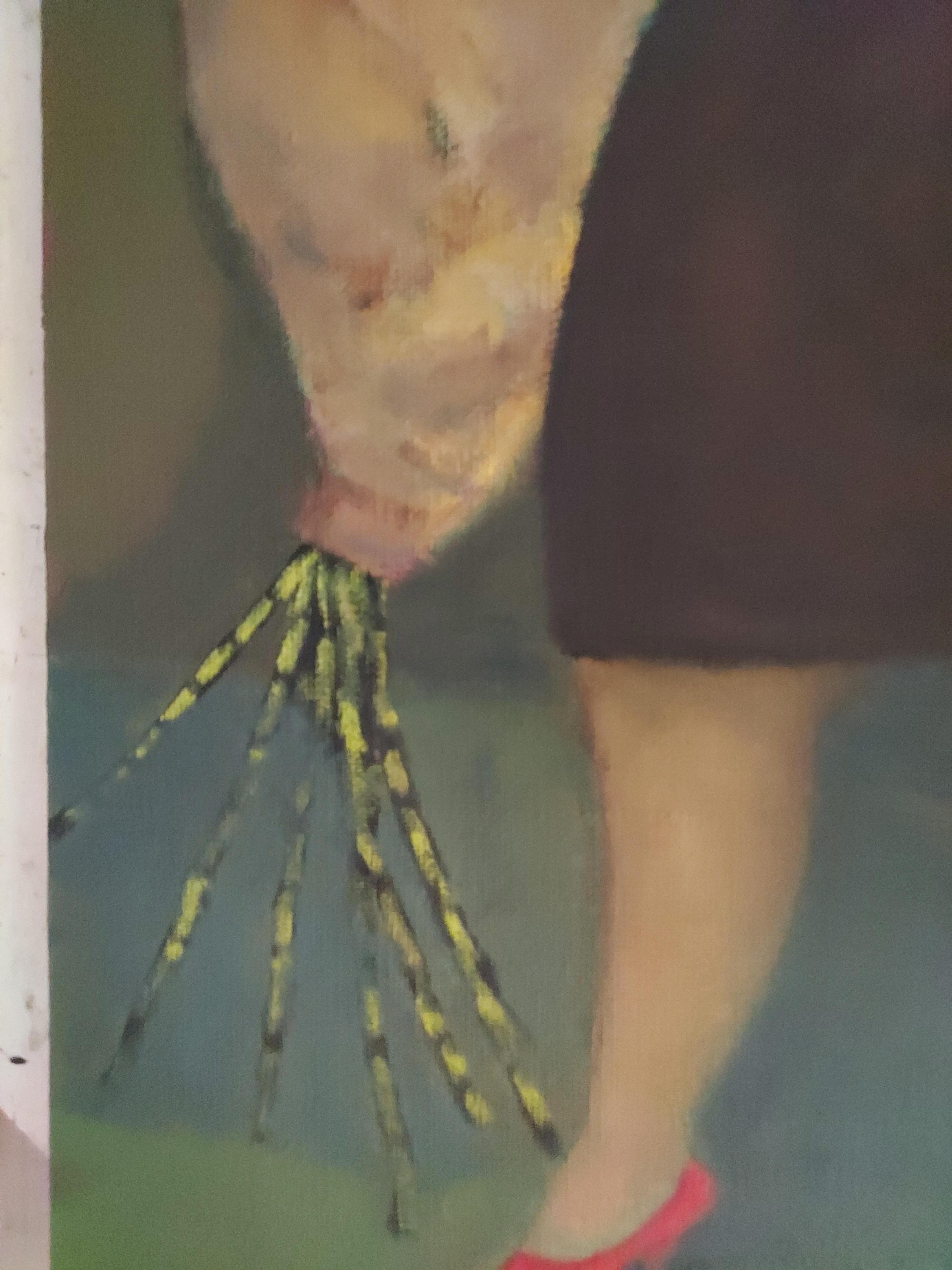Barco que se hunde Blues figura femenina solitaria sosteniendo flores y vino colores oscuros - Painting Expresionista de Stephen Basso
