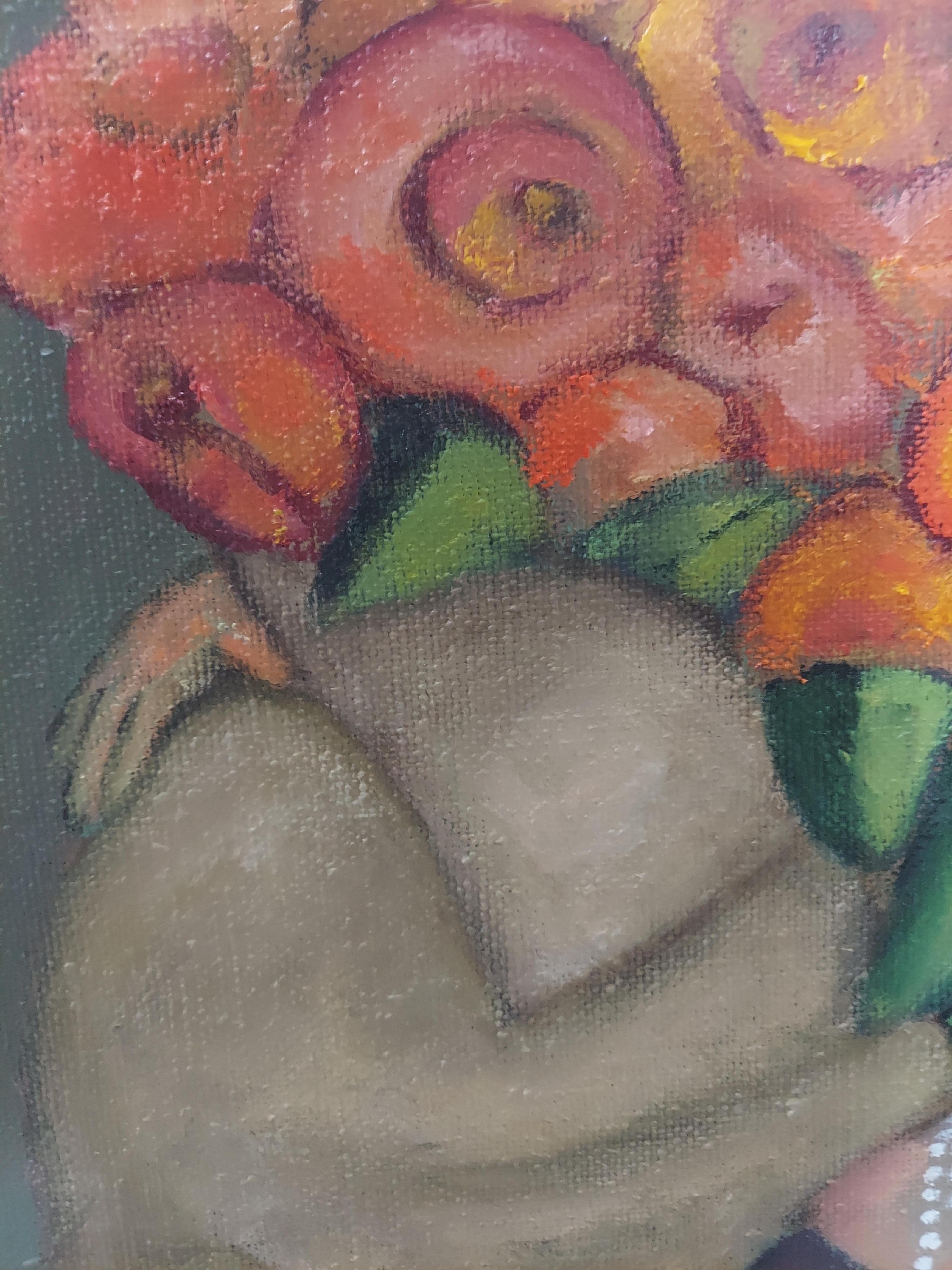 Barco que se hunde Blues figura femenina solitaria sosteniendo flores y vino colores oscuros - Figurative Painting Marrón de Stephen Basso