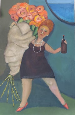 Barco que se hunde Blues figura femenina solitaria sosteniendo flores y vino colores oscuros