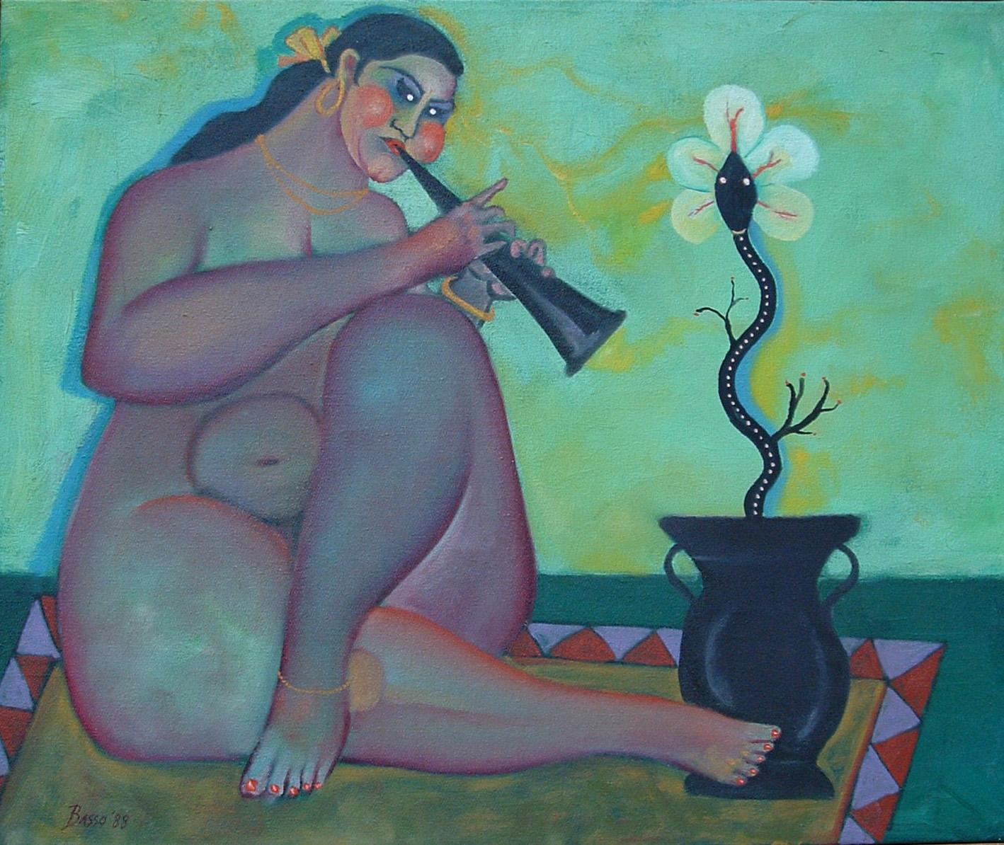 Stephen Basso Nude Painting - Snake Charmer  warm sunny greens colorful mythic music theme female nude