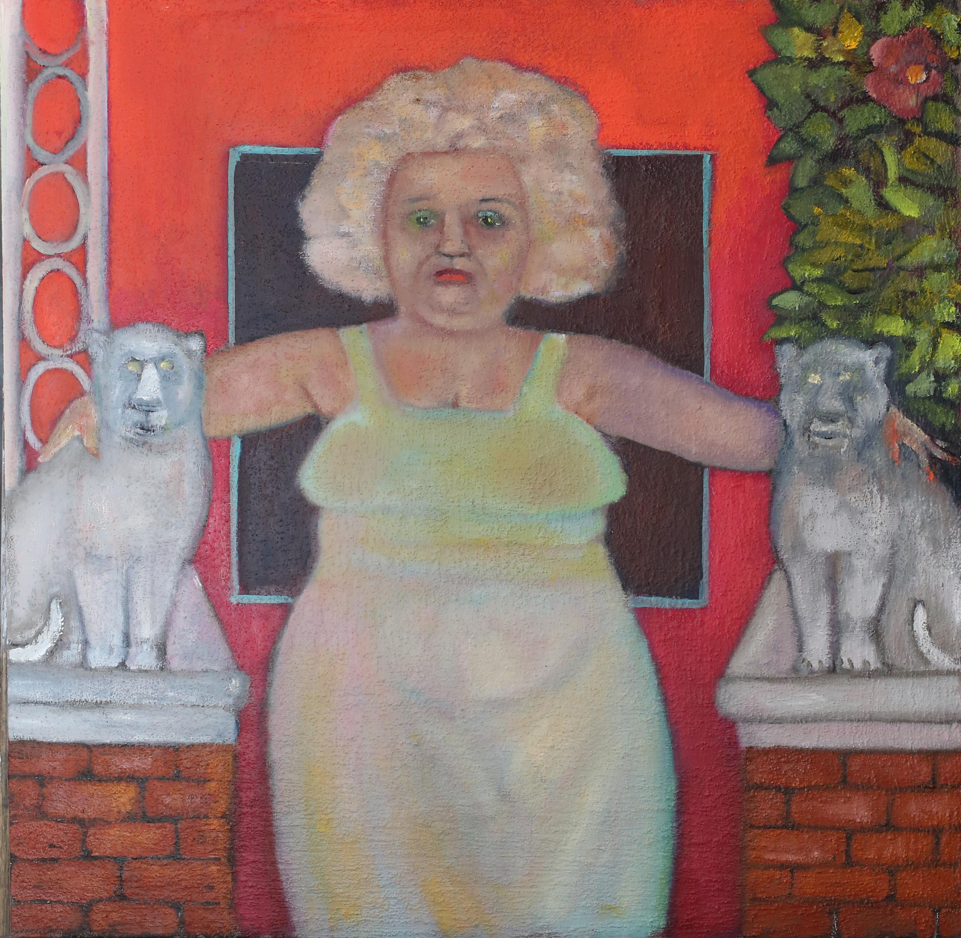 Stephen Basso Figurative Painting - South Brooklyn Lion Tamer female figure with stone lions soft red background 