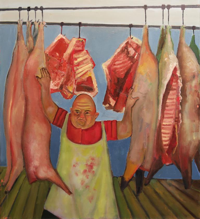 Stephen Basso Figurative Painting – Der Händler von Routine, humorvolle Butcher mit Fleisch, Essen