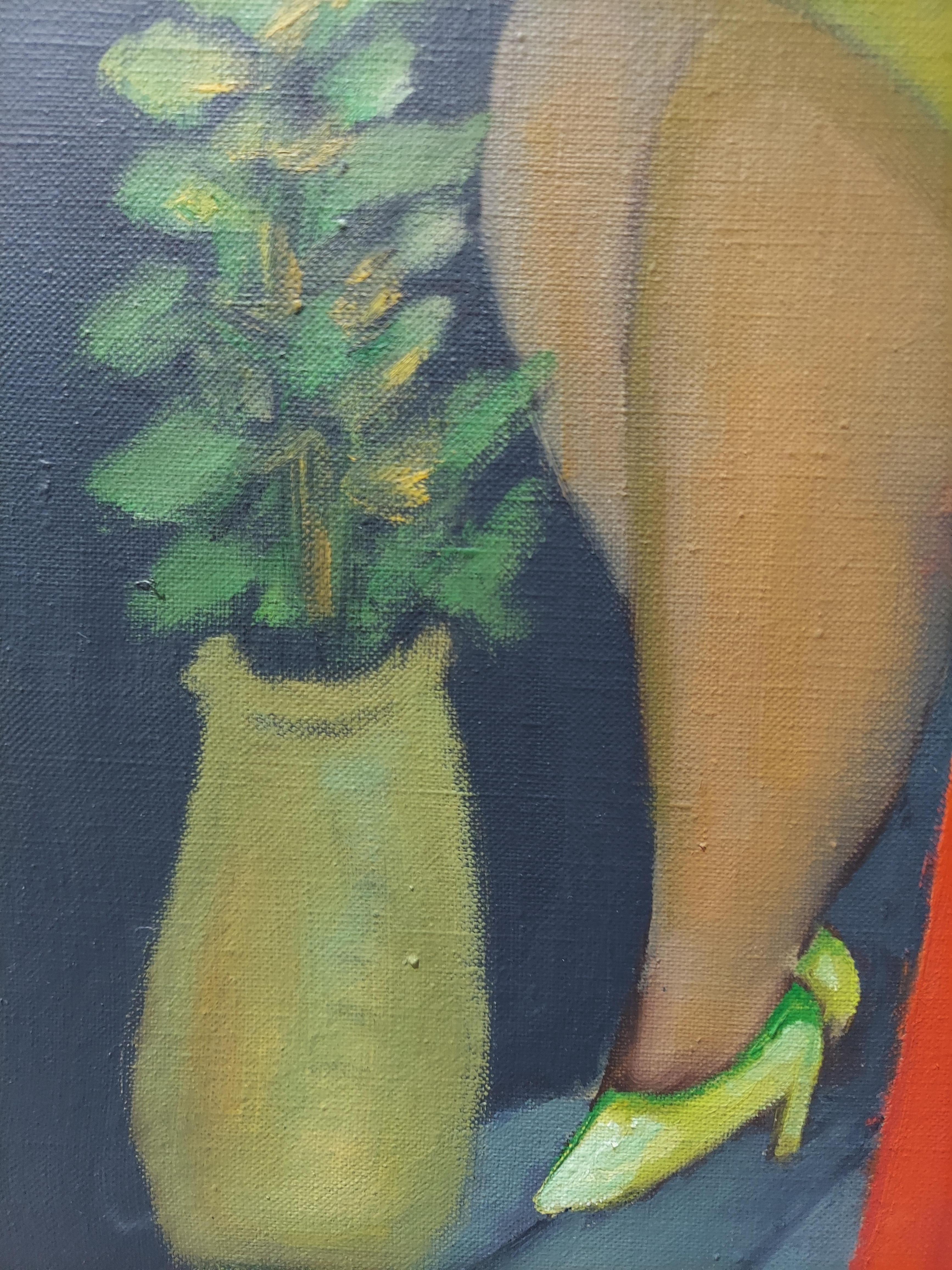 Spotlight, seated female figure with plants warm and cool green combinations  - Gray Interior Painting by Stephen Basso
