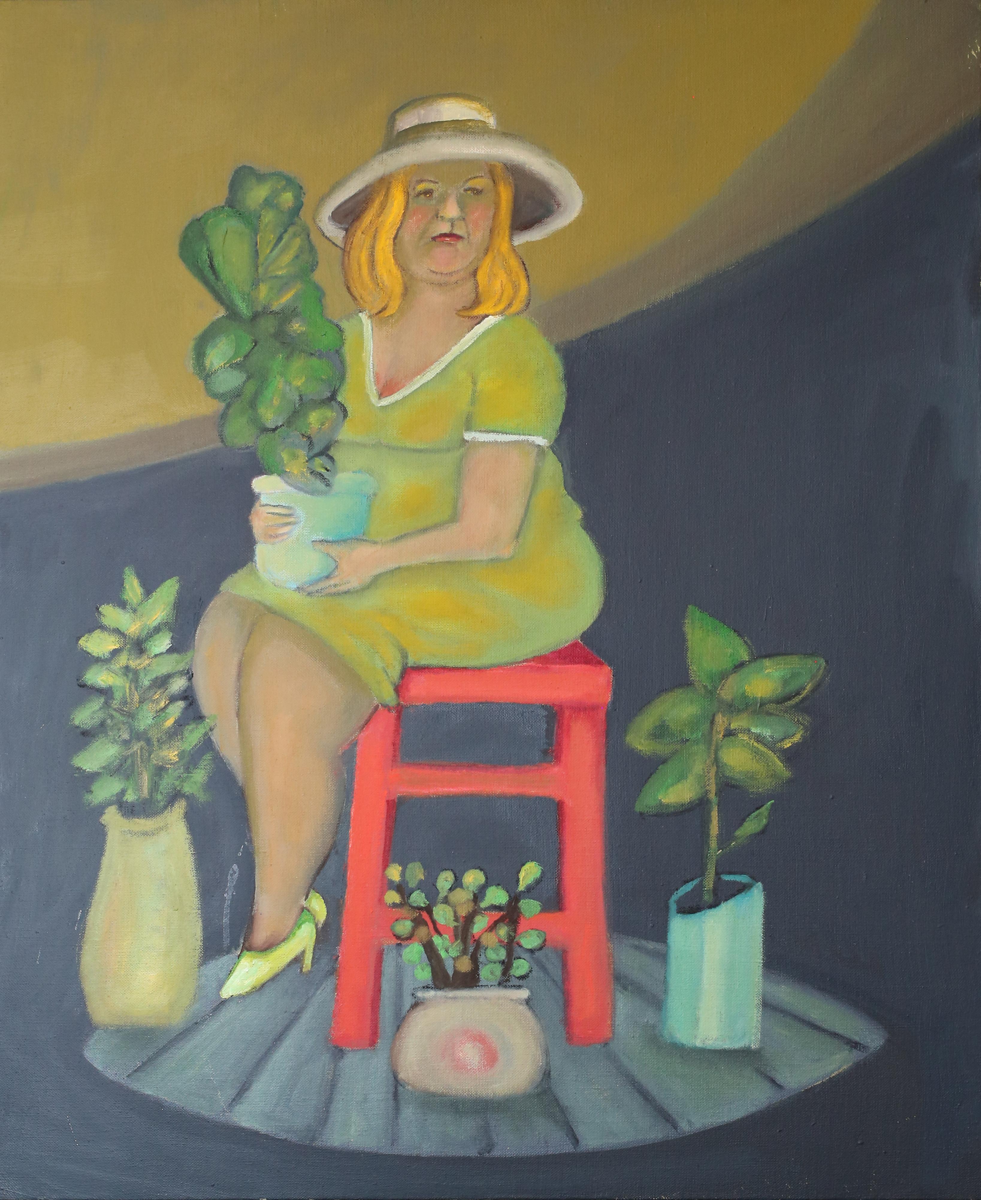 Stephen Basso Interior Painting - Spotlight, seated female figure with plants warm and cool green combinations 