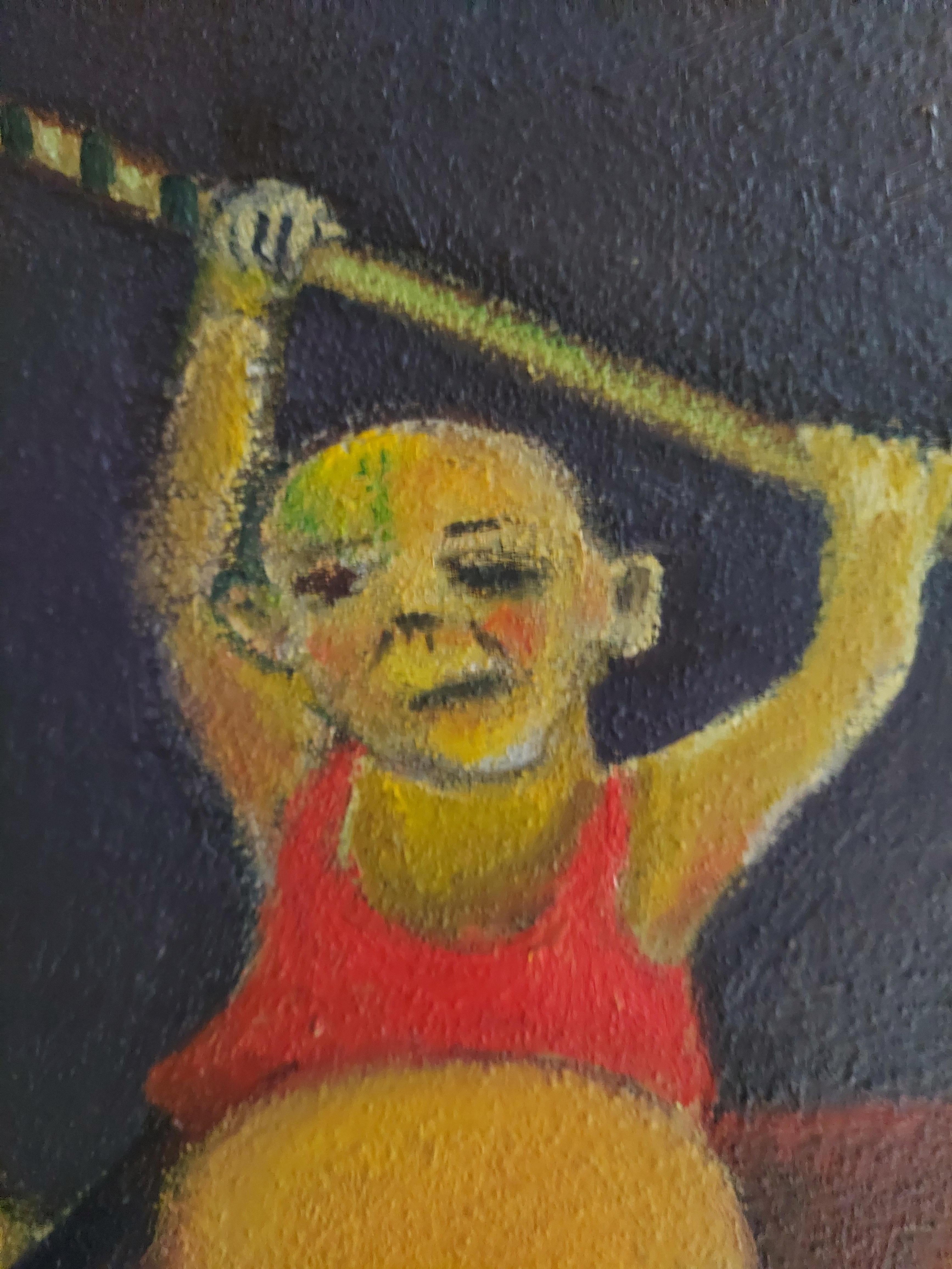 Stickball Team sports related group male figures earth and red colors - Brown Figurative Painting by Stephen Basso