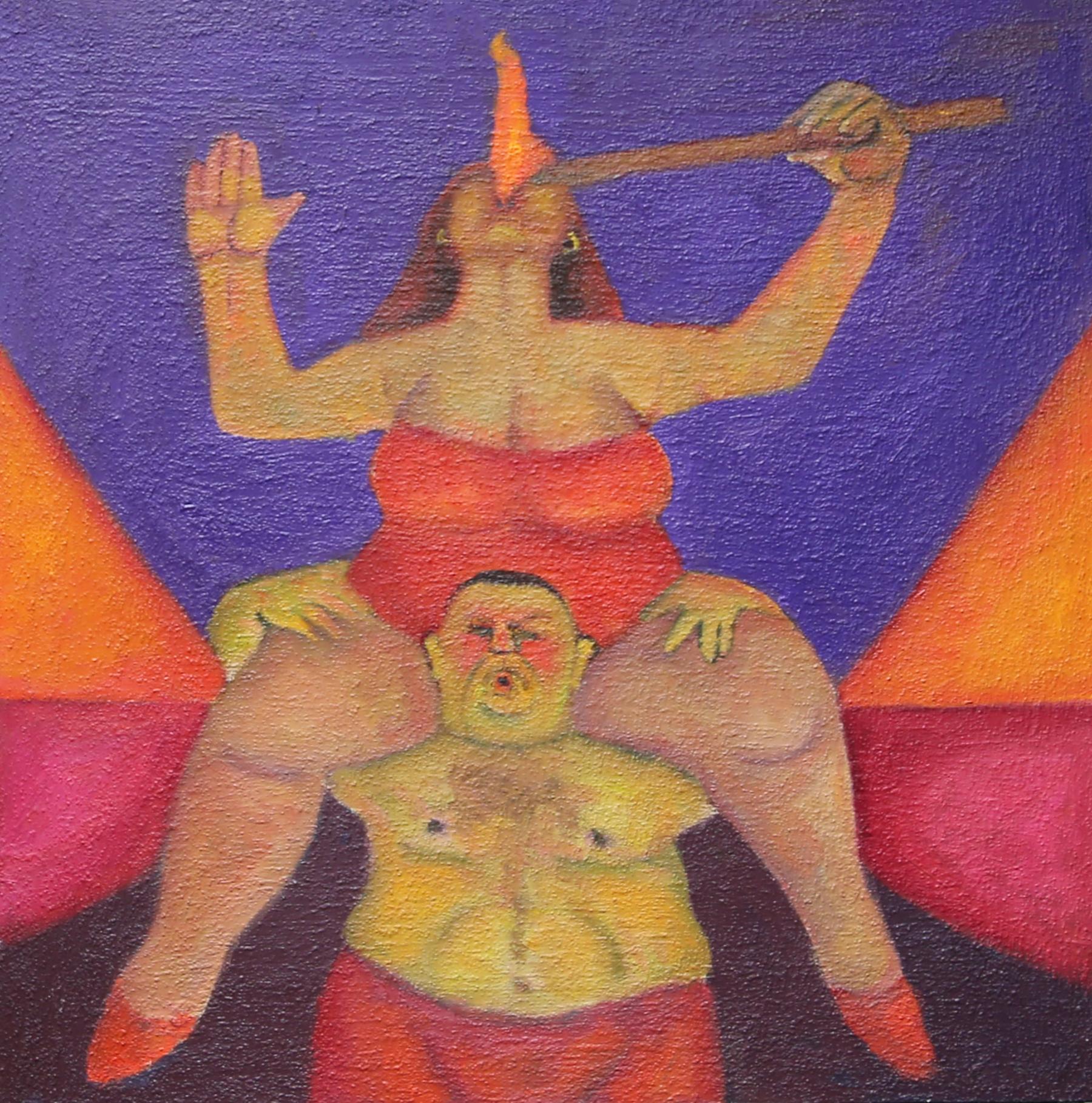 Stephen Basso Figurative Painting – Strongman and Fire eater circus, Coney island influences colorful carnival 