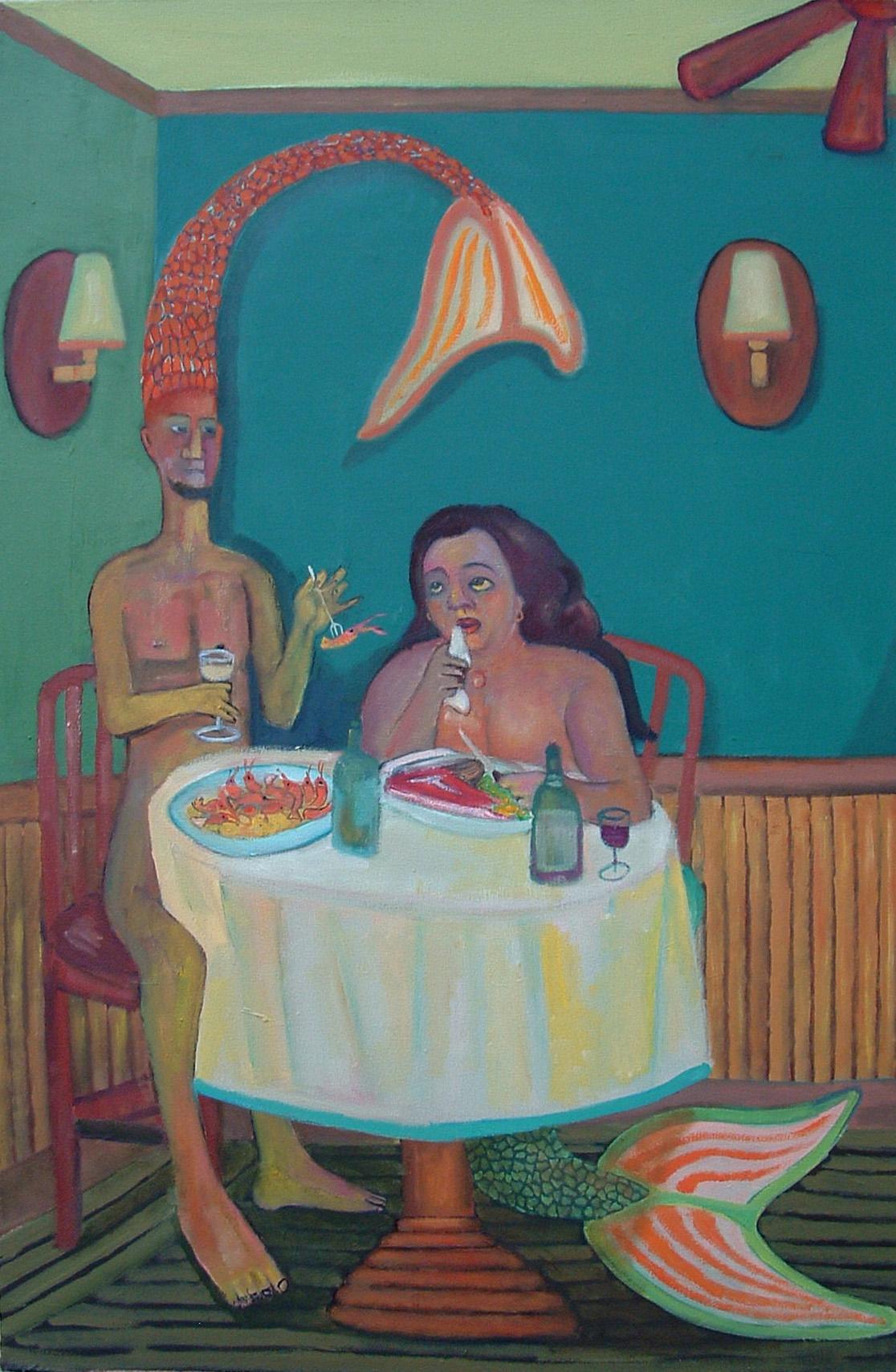 Stephen Basso Figurative Painting - Surf N' Turf  mermaid mythic figures interior food romantic undertones