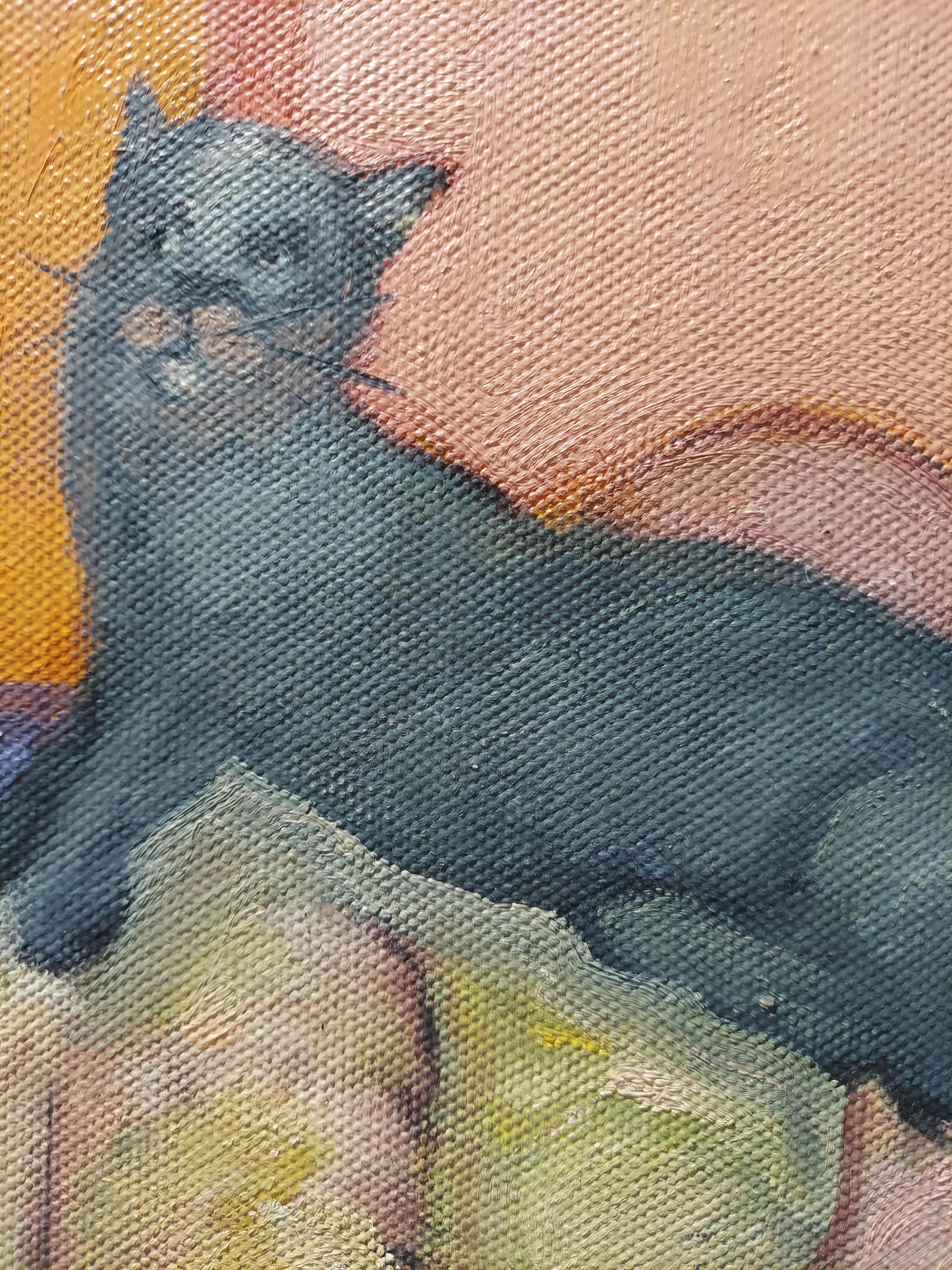 Familia sustituta mujer gato y con su familia ampliada en el sofá tema humorístico - Painting de Stephen Basso