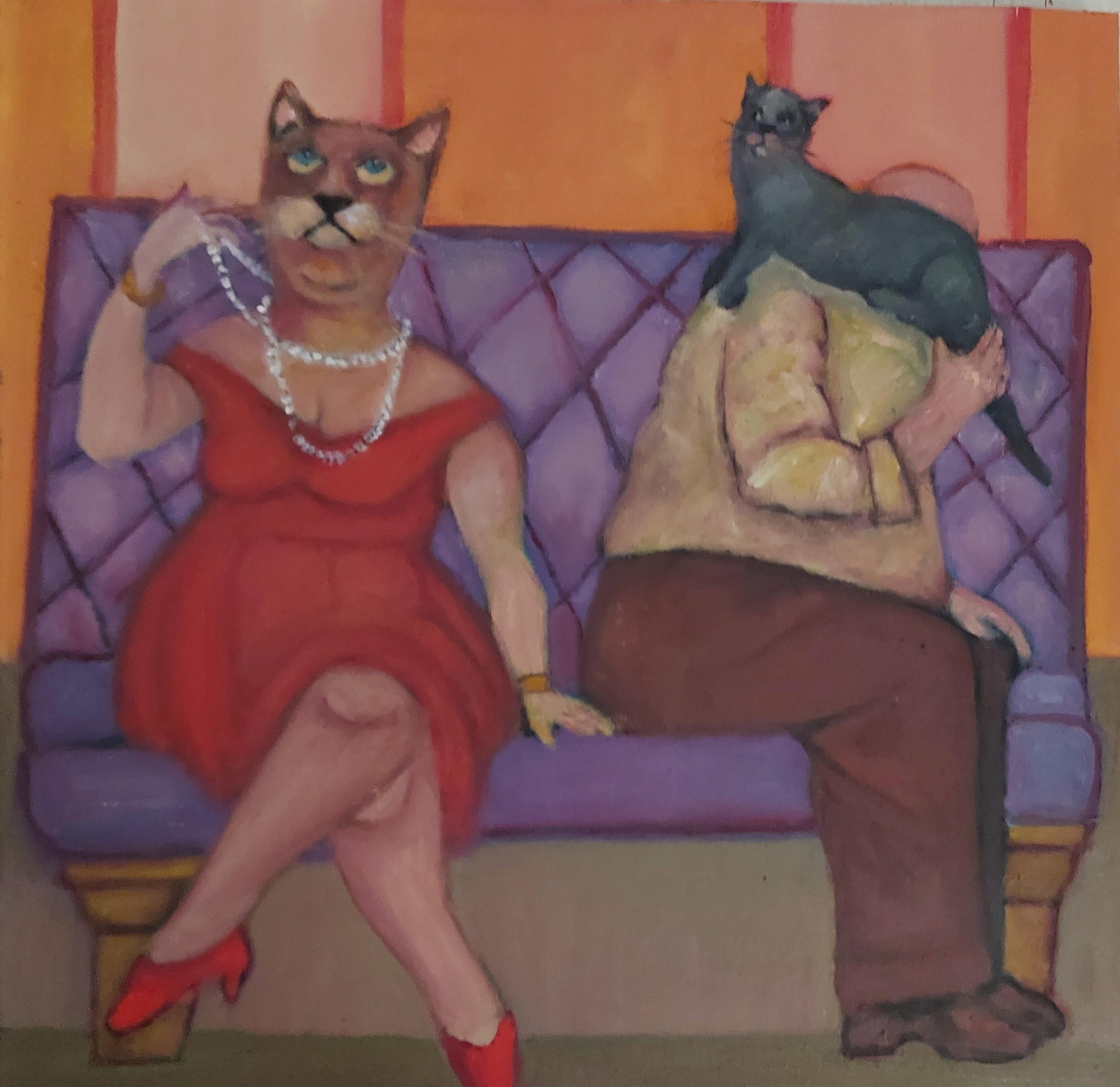 Famiglia surrogata donna gatto e con la sua famiglia allargata sul divano tema umoristico