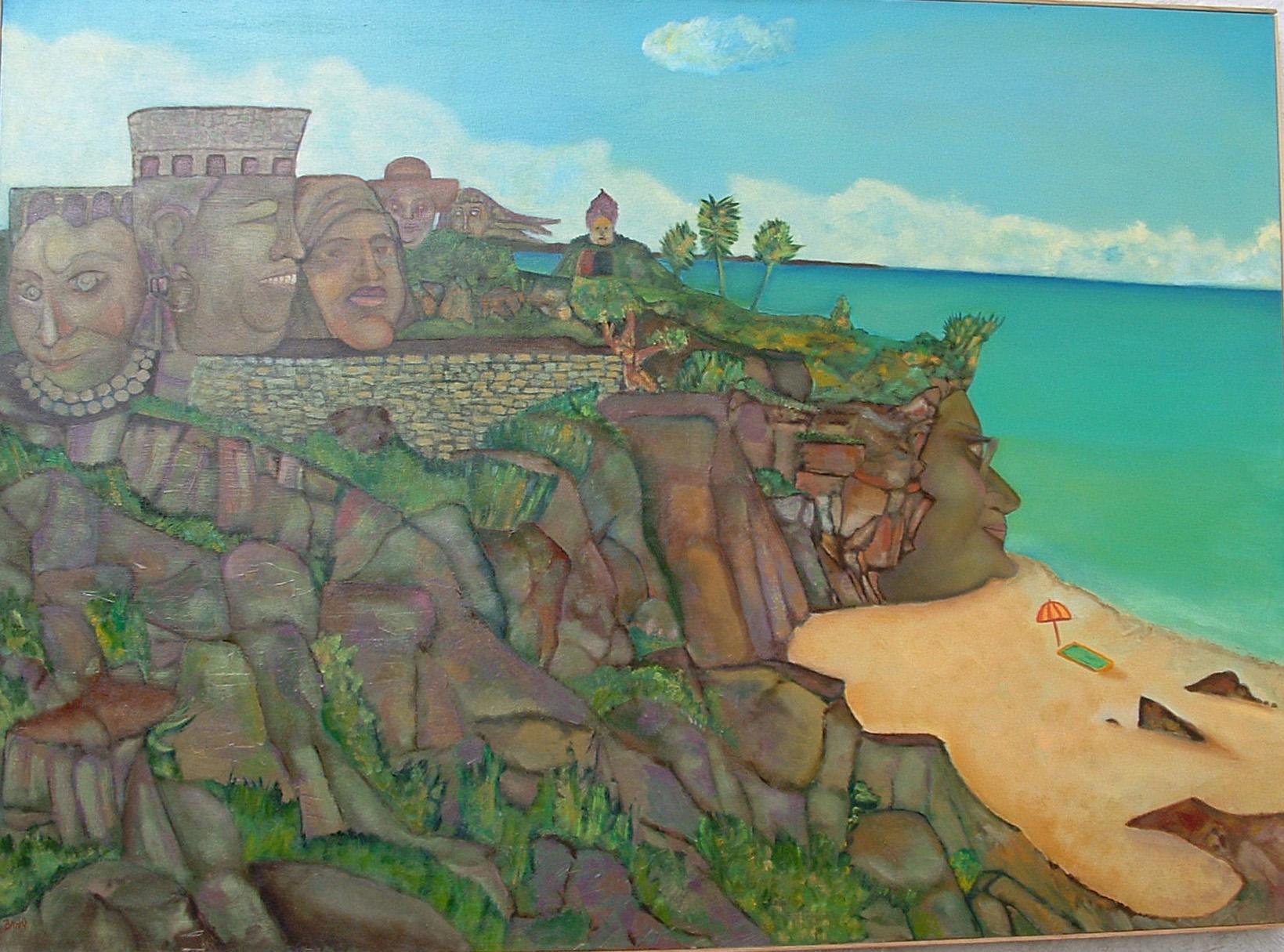 Tequila Revision  Tulum Maya Riviera magical seascape warm tropical colors - Painting by Stephen Basso