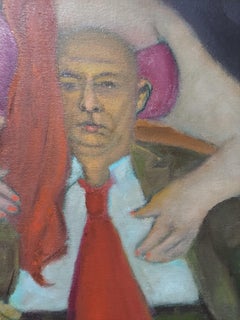 The Bald and the Beautiful . Seated man in suit female figure red hair