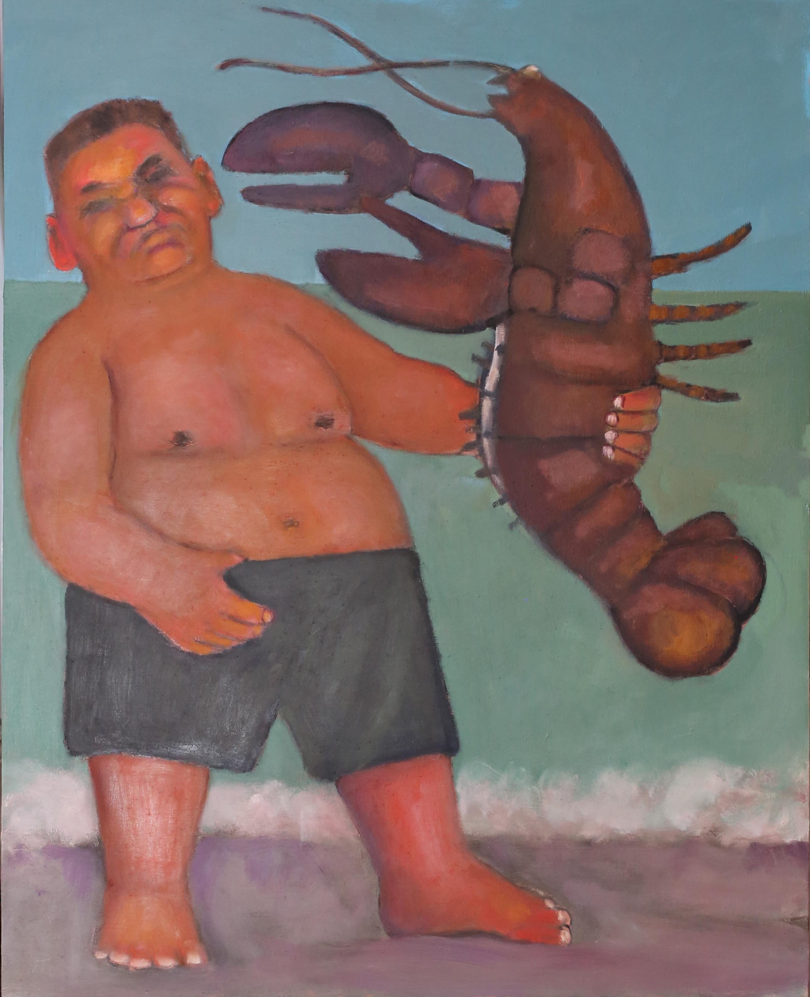 Stephen Basso Figurative Painting - The Boxer. Humorous nature encounter seaside w lobster, soft muted colors