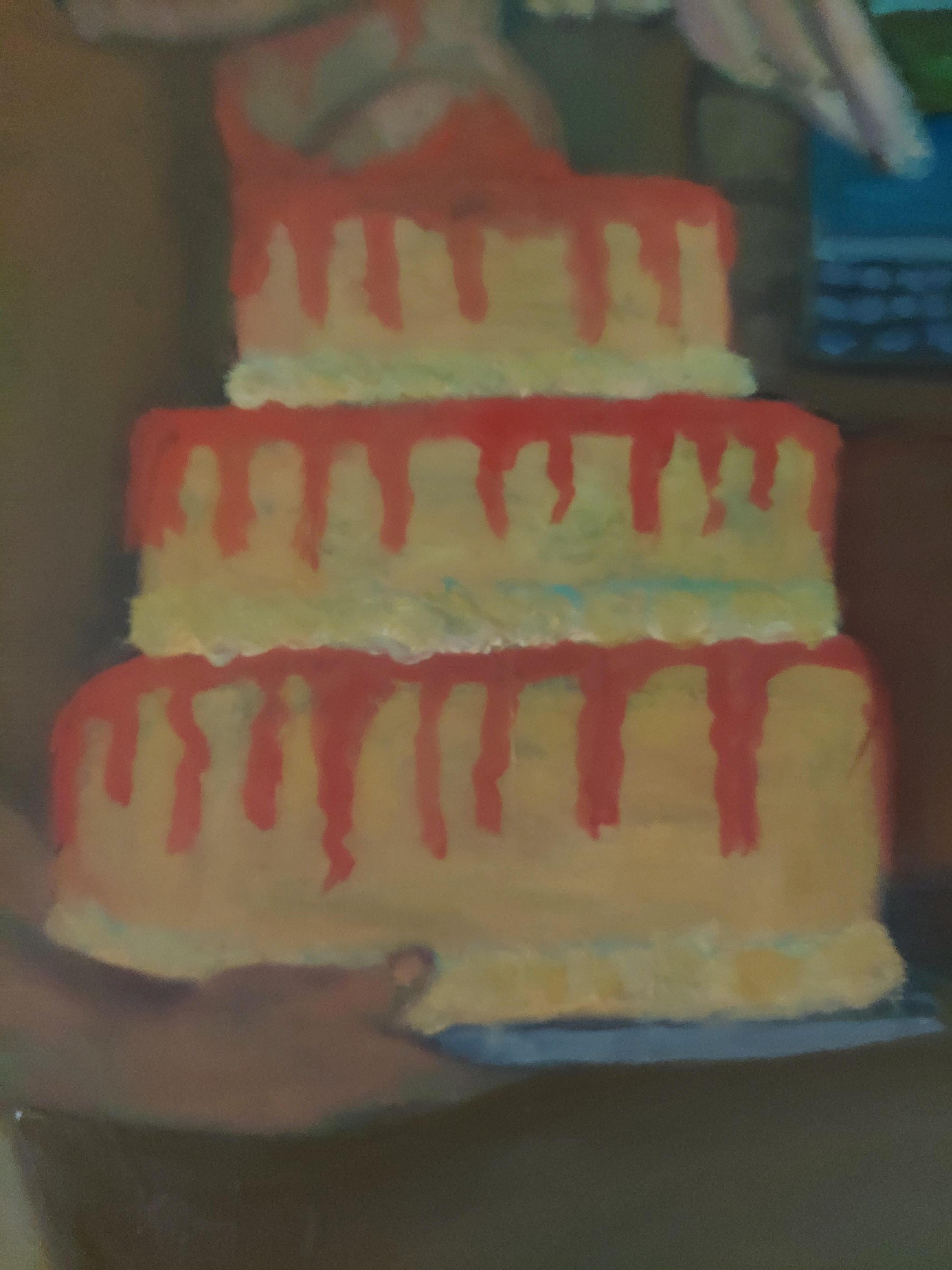 Le boulanger cloîtré personnage masculin avec chérubin gâteau  avec des tons terreux de cupcake - Expressionniste Painting par Stephen Basso