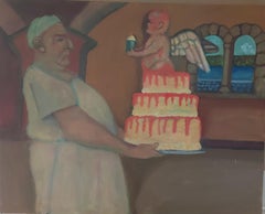 The Cloistered Baker male figure with cake cherub  with cupcake earthy tones