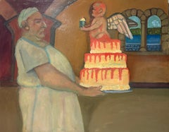 The Cloistered Baker male figure with cake cherub with cupcake earthy tones