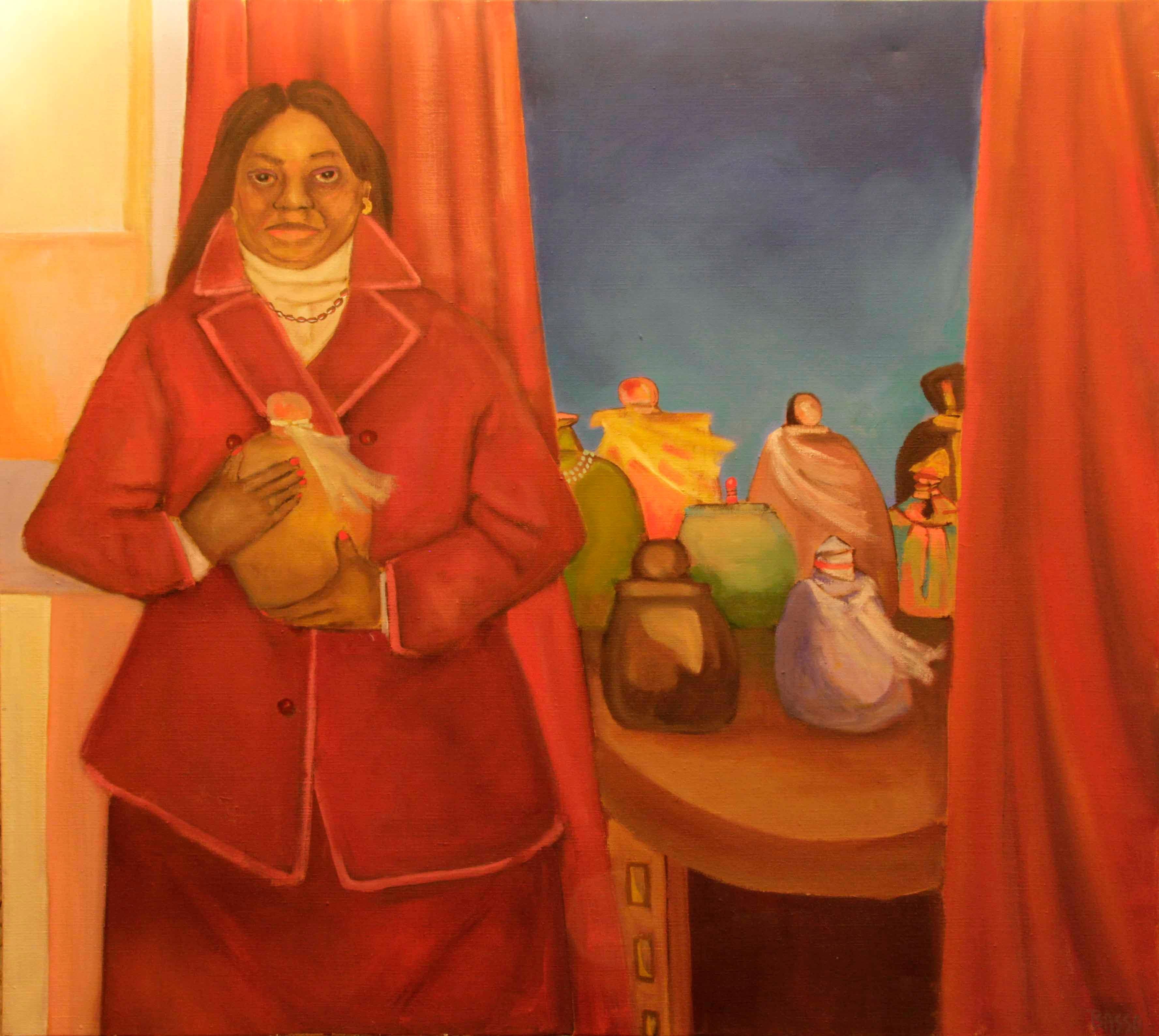 Stephen Basso Interior Painting - The Dust Collector religious theme female figure ceremonial objects, bright reds