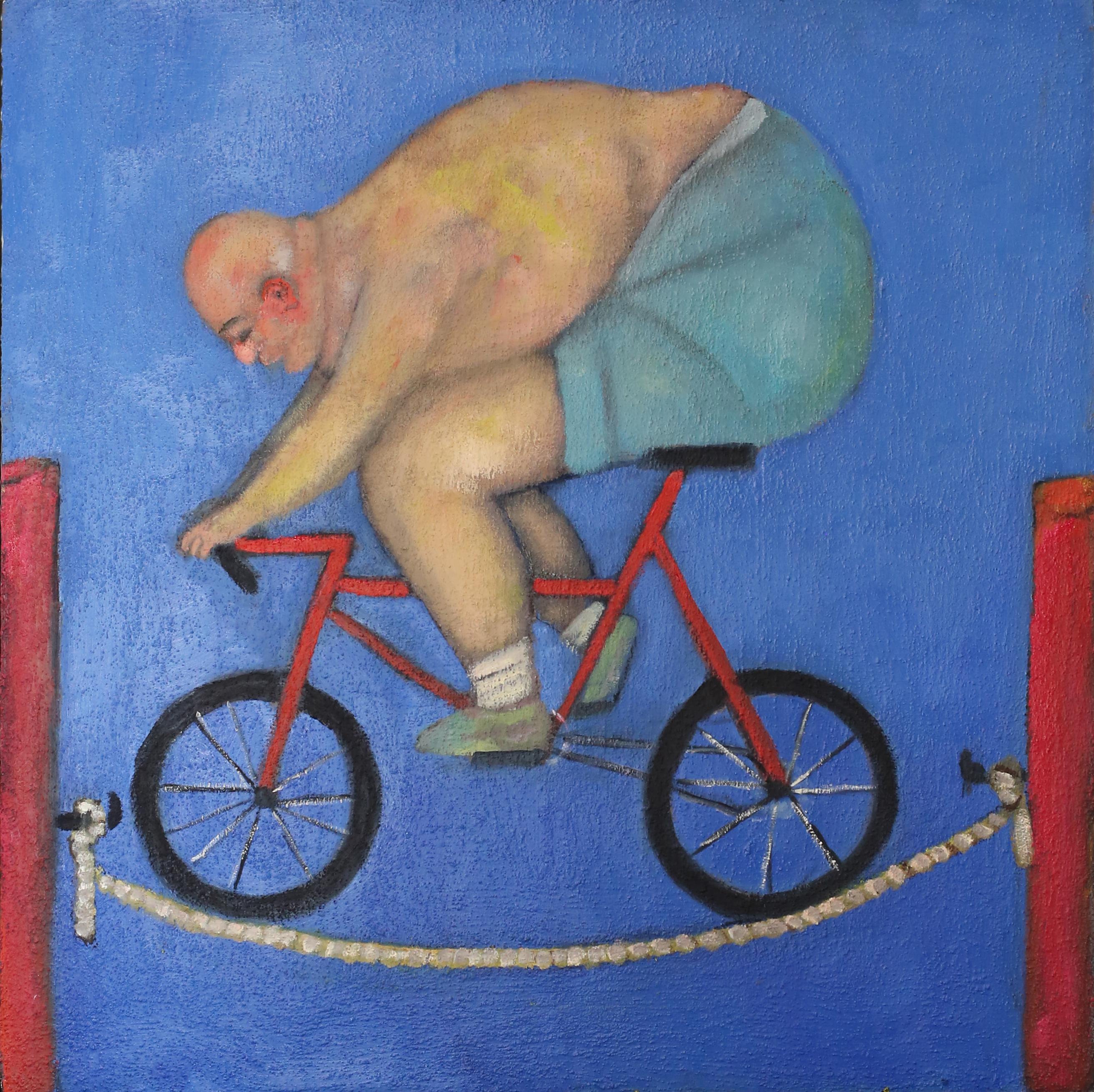 Stephen Basso Figurative Painting - The Existential Cyclist  human condition humorous male figure on bicycle blue