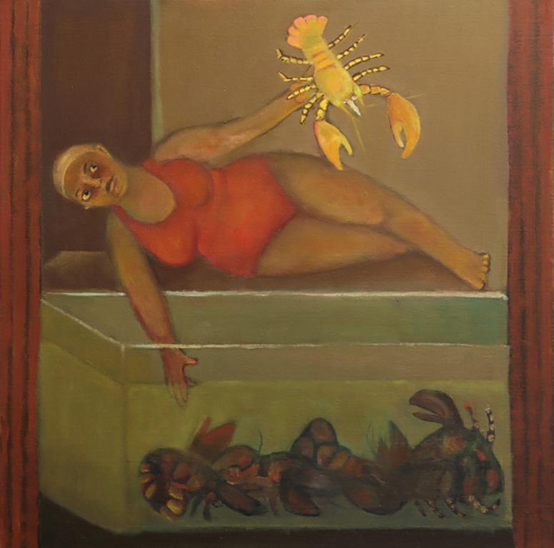 Stephen Basso Figurative Painting - the golden lobster, fantasy, surreal bather