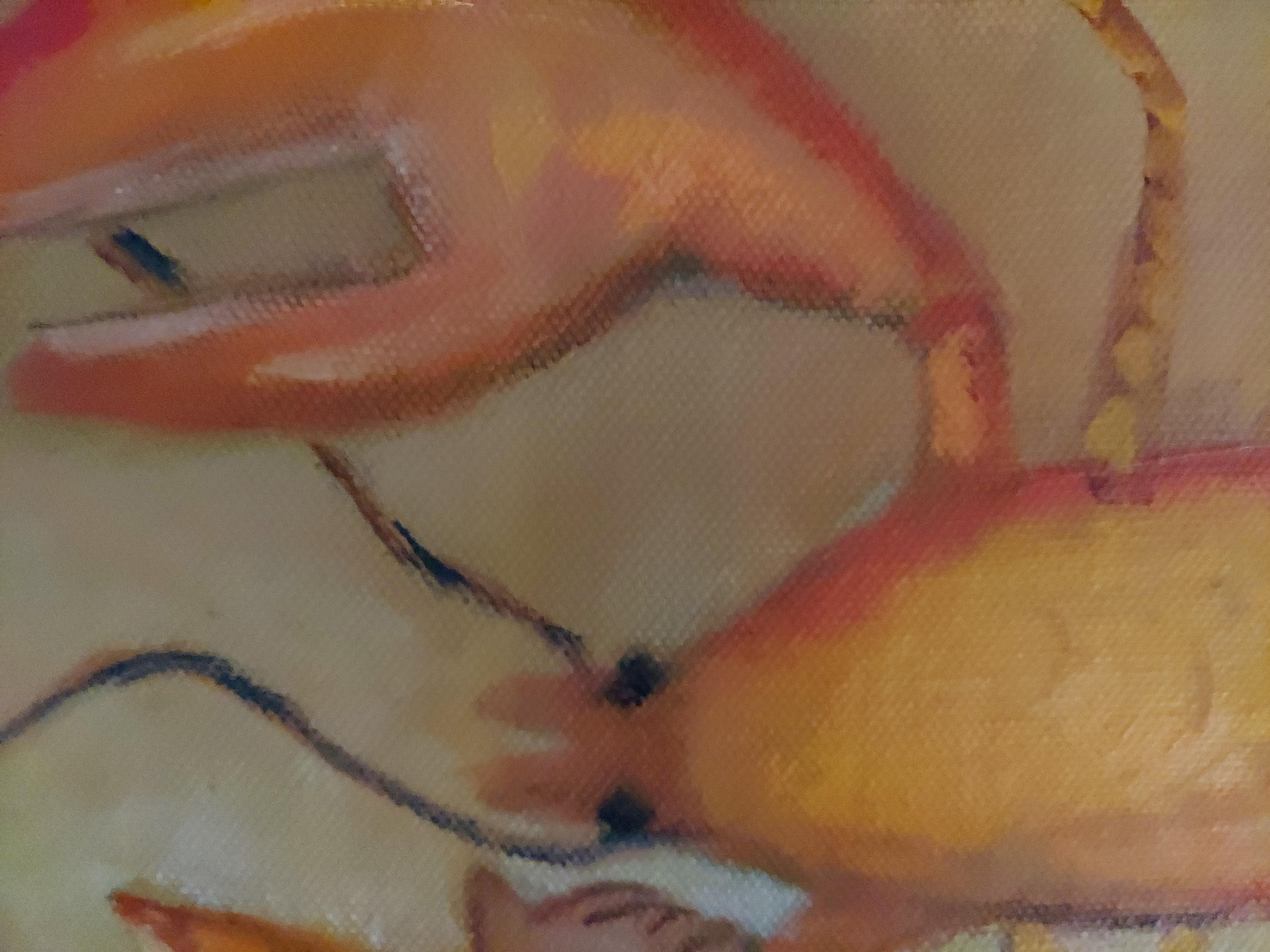 El Mar de Oro. Bañista femenina con langosta de color amarillo cálido y rojo suave - Painting Arte marginal de Stephen Basso
