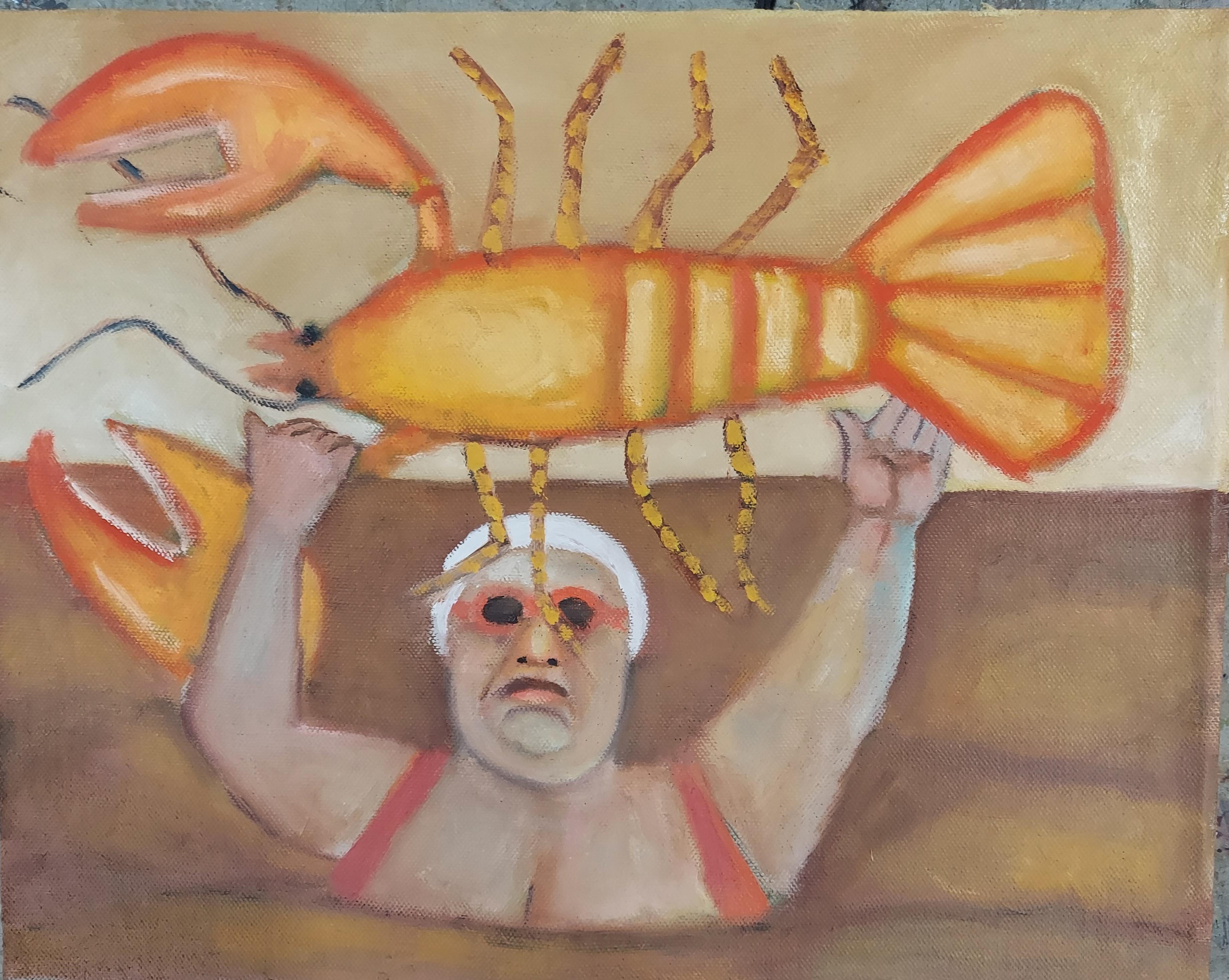 El Mar de Oro. Bañista femenina con langosta de color amarillo cálido y rojo suave