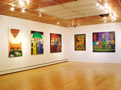 L'Ipnotizzatore grande dipinto a olio con più figure dai colori viola e verde