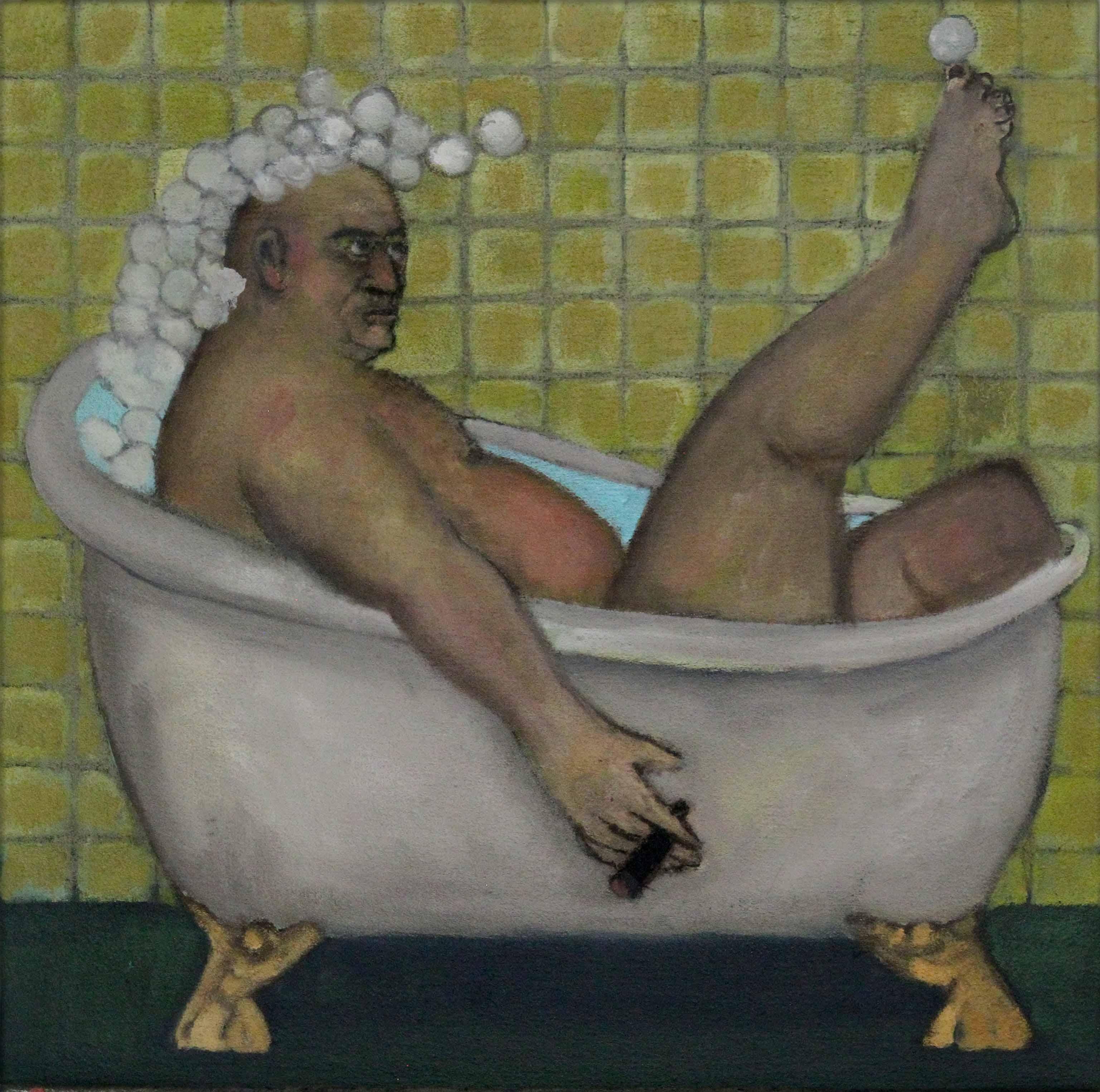 Stephen Basso Figurative Painting - The One That Got Away.  Smoking man in antique bathtub soft green tones humorous