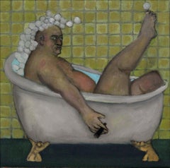 The One That Got Away.  Smoking man in antique bathtub soft green tones humorous