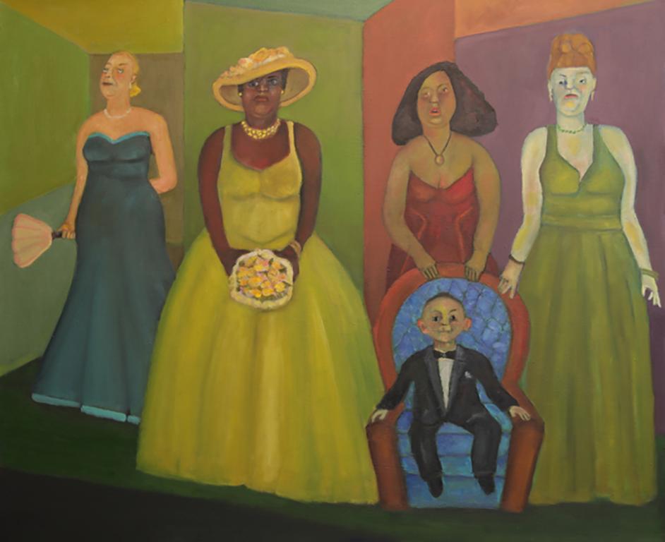 Stephen Basso Figurative Painting - the waiting room, colorful narrative w 4 women and a little boy