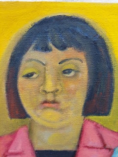 The Yellow Bouquet seated female figure with flowers soft yellow and pink