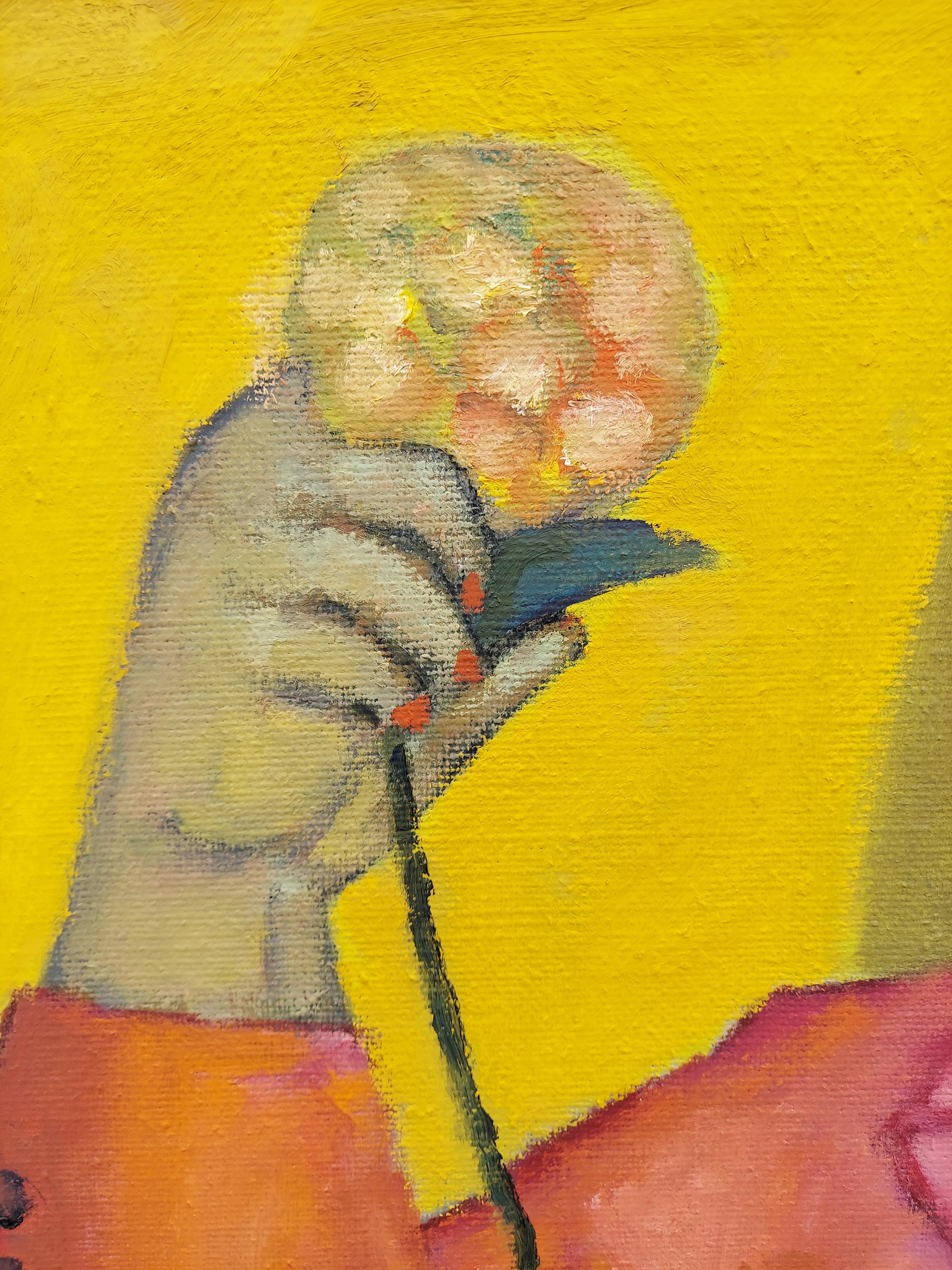 The Yellow Bouquet seated female figure with flowers soft yellow and pink - Expressionist Painting by Stephen Basso