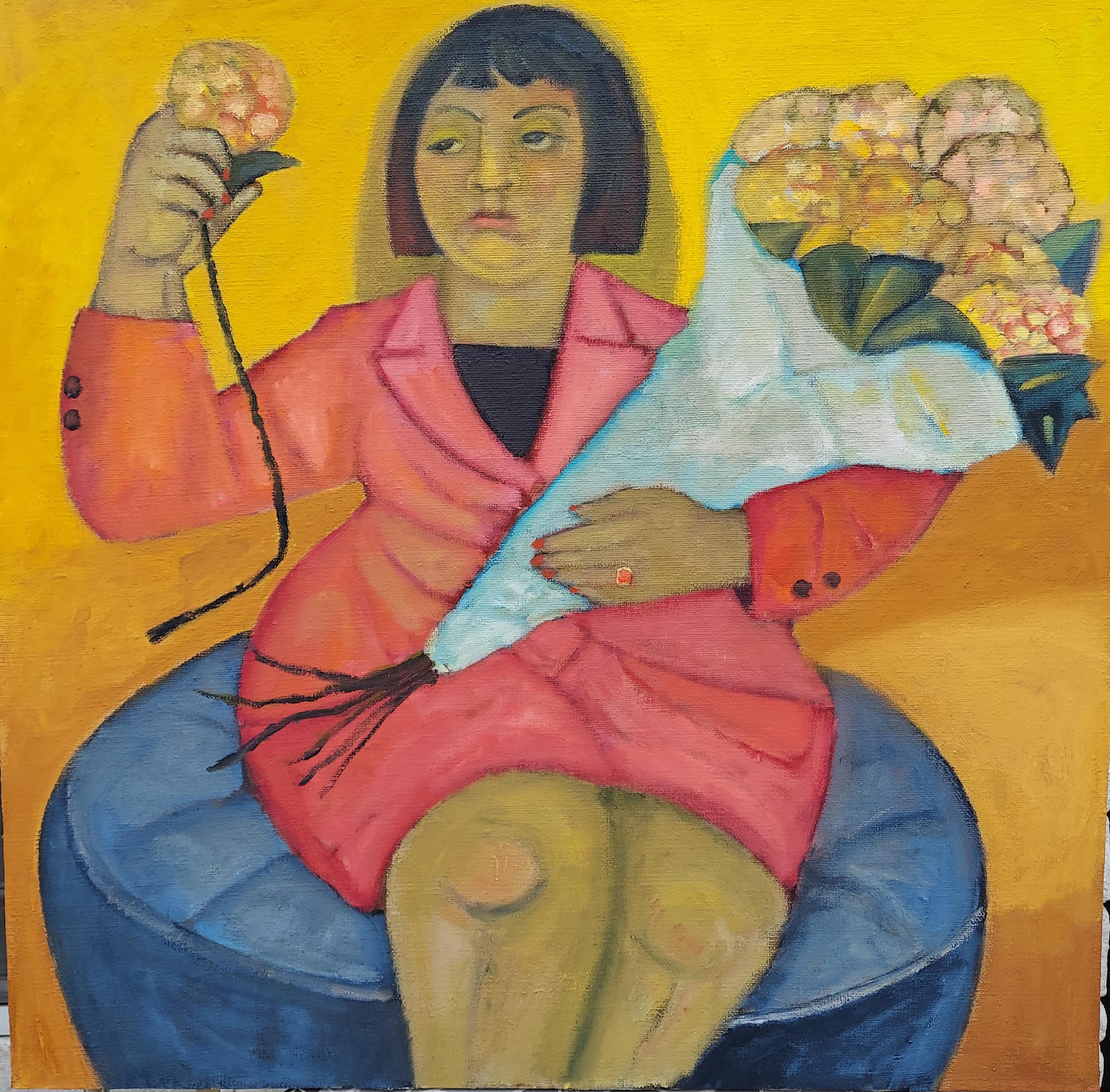 Stephen Basso Figurative Painting – The Yellow Bouquet sitzende weibliche Figur mit Blumen weich gelb und rosa